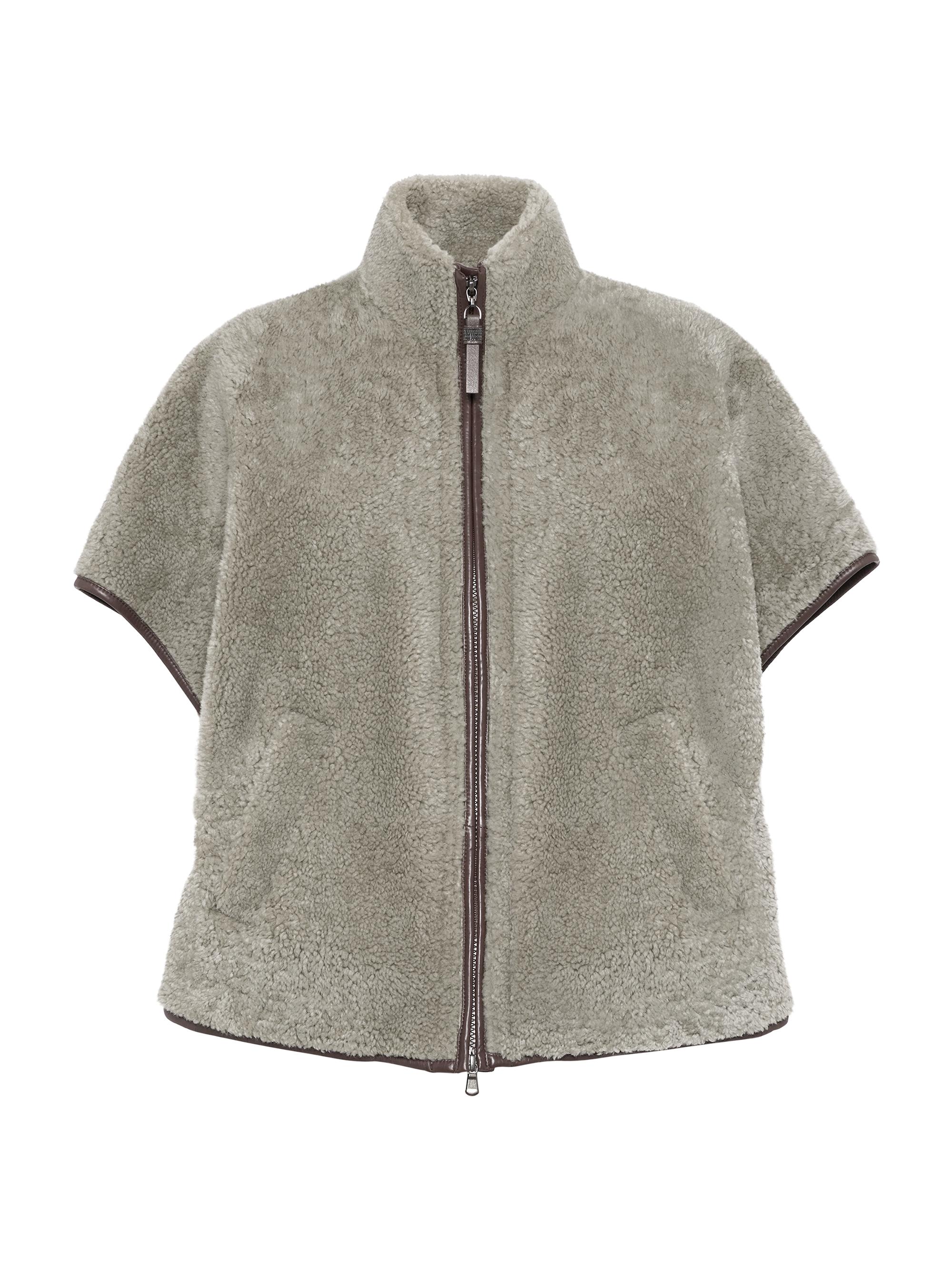 Brunello Cucinelli Women's Curly Shearling Short Sleeve Outerwear Jacket - Grey