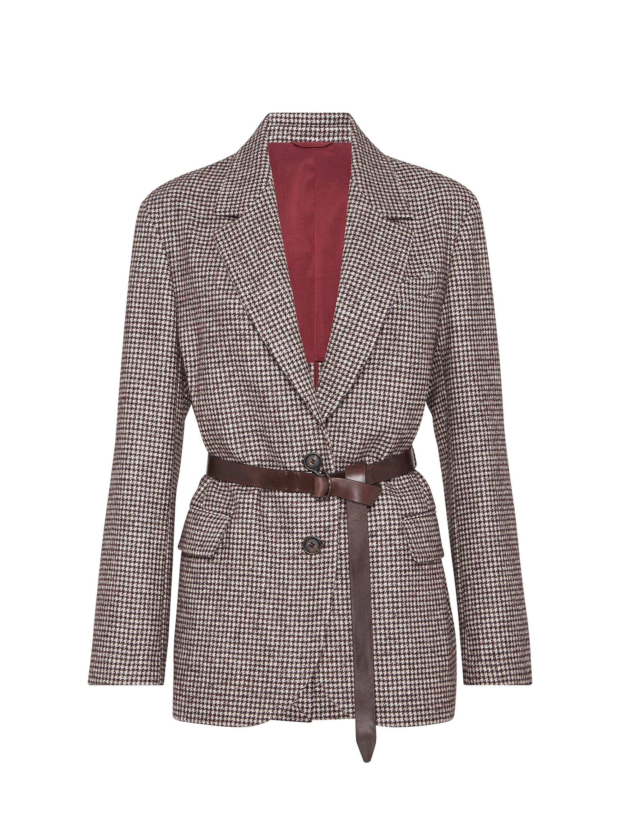 Brunello Cucinelli Women's Wool and Alpaca Houndstooth Blazer with Leather Belt and Monili - Brown Multi