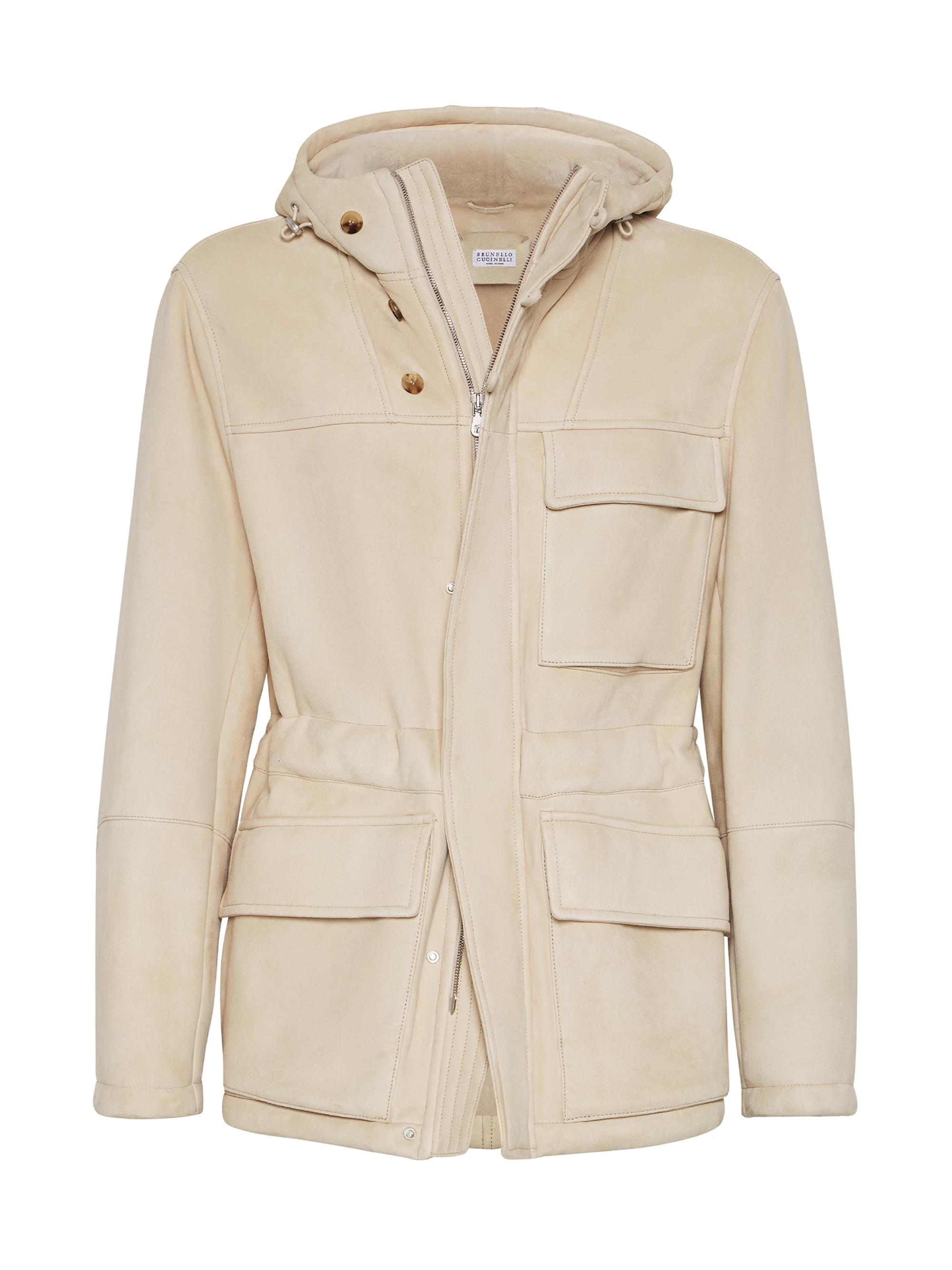 Brunello Cucinelli Men's Tone on Tone Suede Shearling Parka - Buff