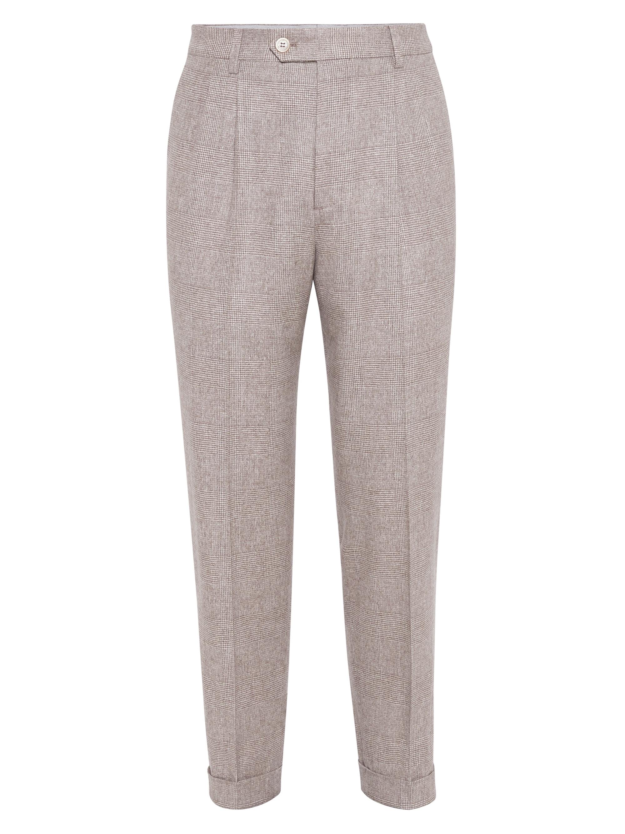 Brunello Cucinelli Men's Prince of Wales Flannel Leisure Fit Trousers with Double Pleats - Bark