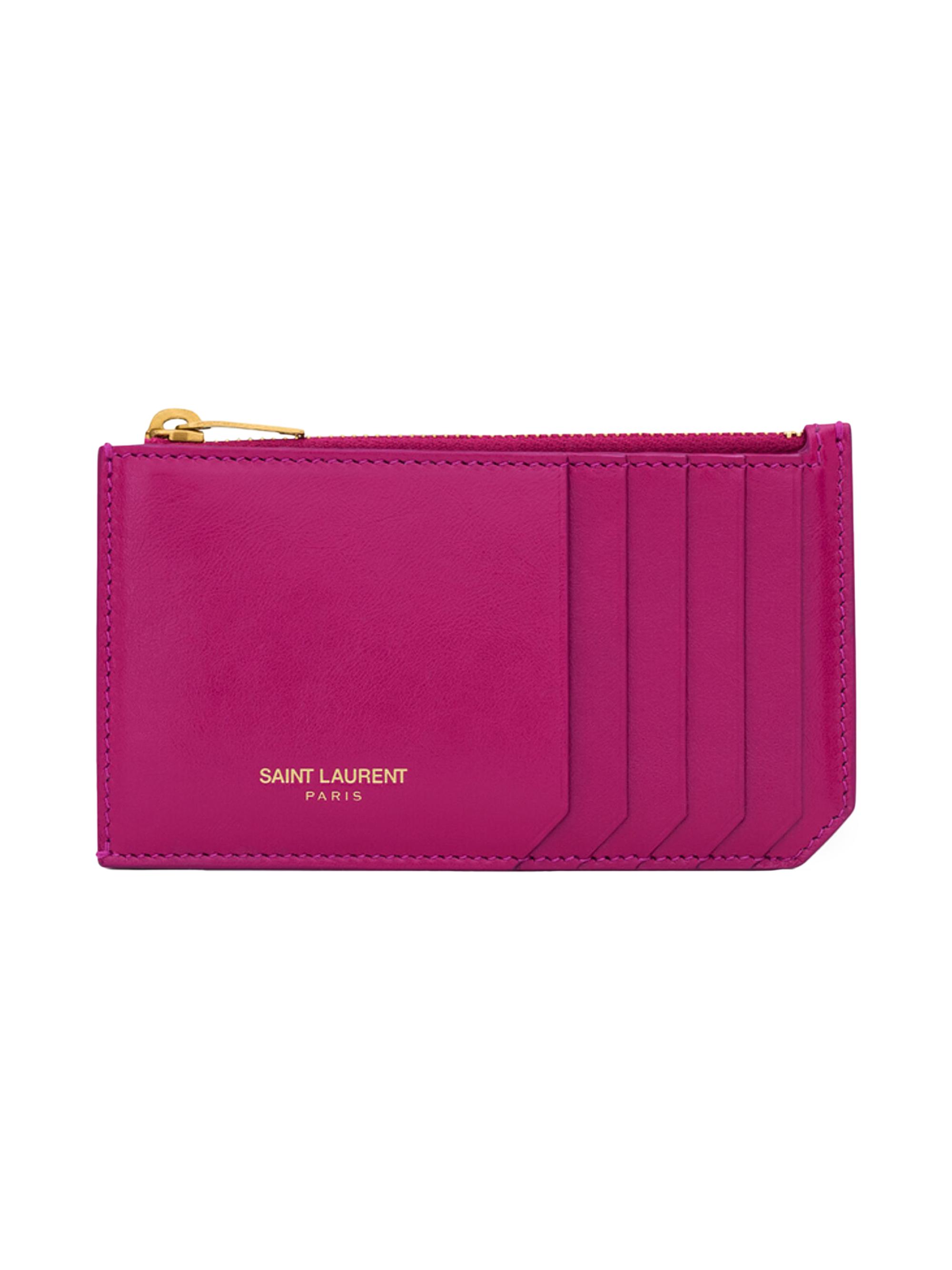 Saint Laurent Women's Paris Fragments Card Case in Shiny Leather - Dark Fuchsia