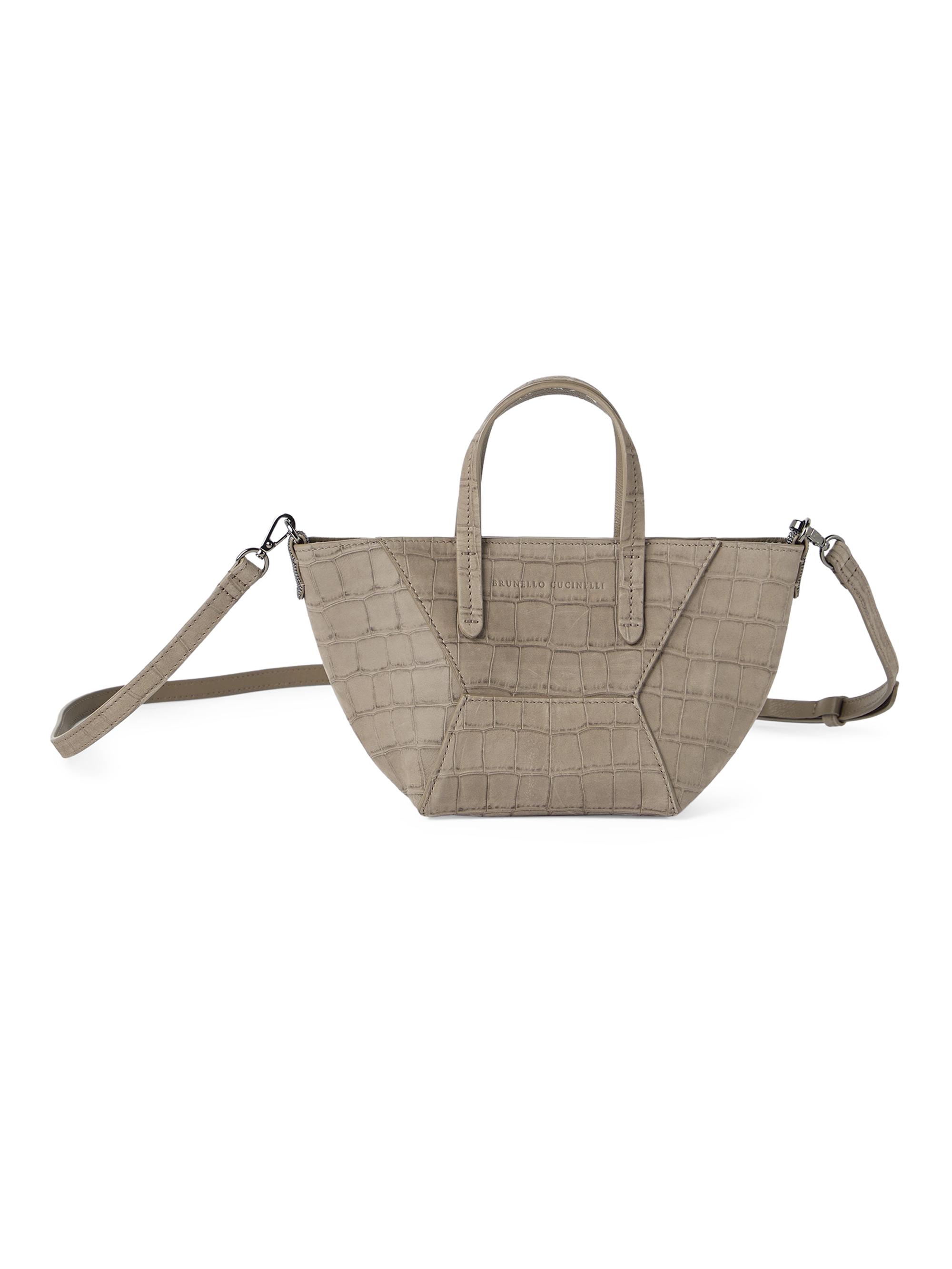 Brunello Cucinelli Women's Duo Mini Bag in Croc Print Nubuck with Monili - Light Brown