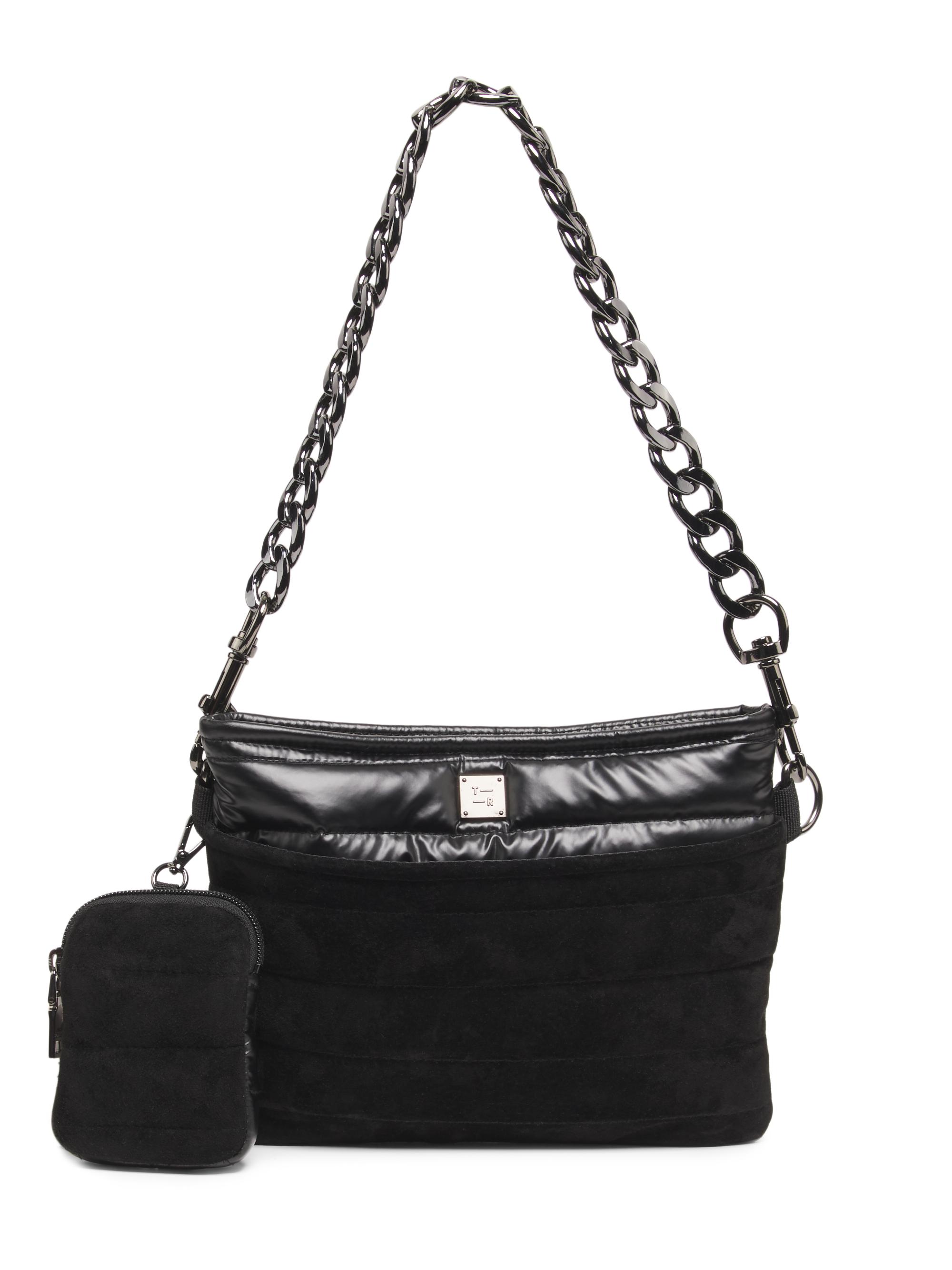 Think Royln Women's Downtown Quilted Crossbody Bag - Black Suede Pearl Black