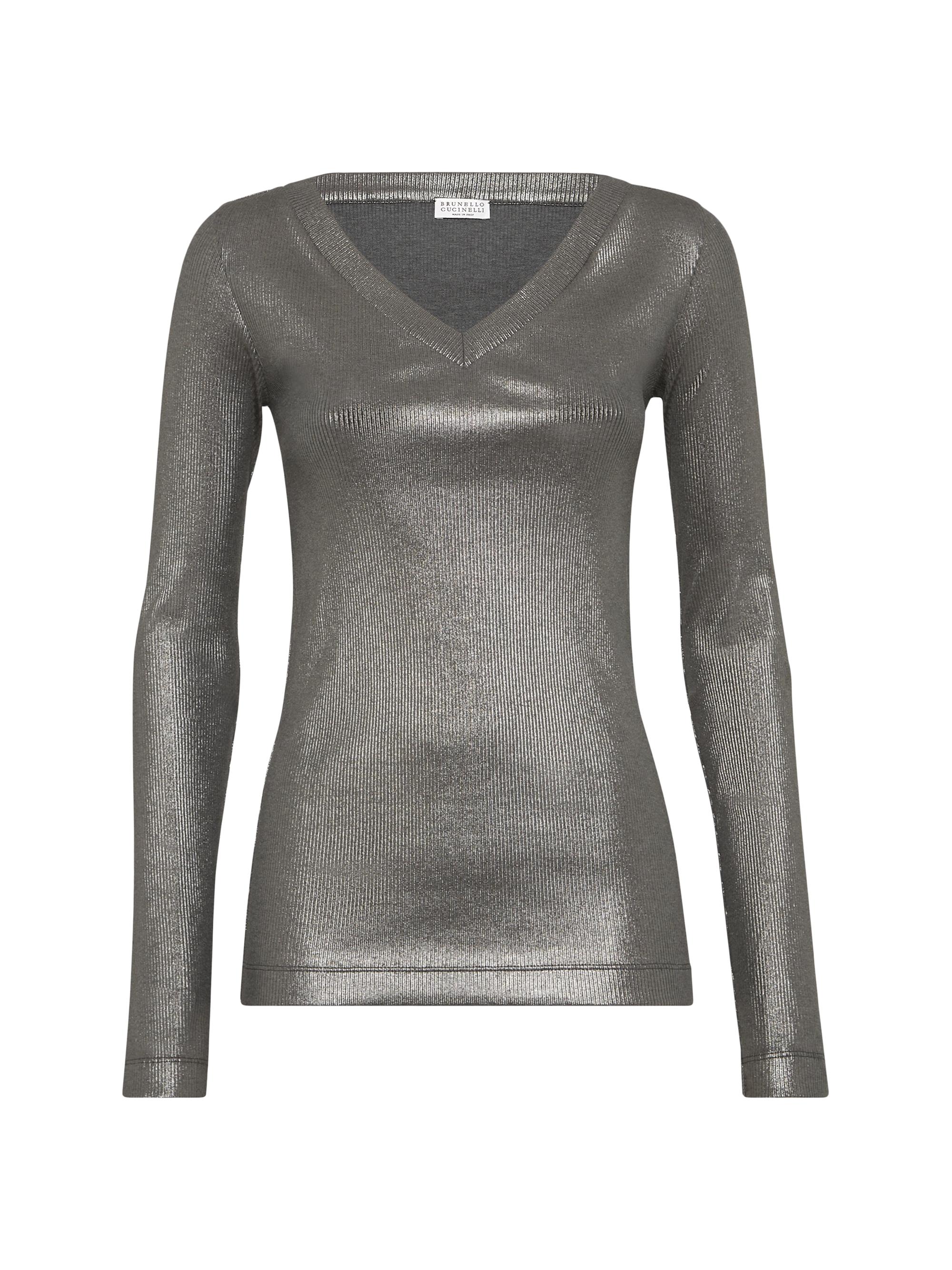 Brunello Cucinelli Women's Sparkling Stretch Cotton Ribbed Jersey Long Sleeve T-Shirt with Shiny Tab - Anthracite
