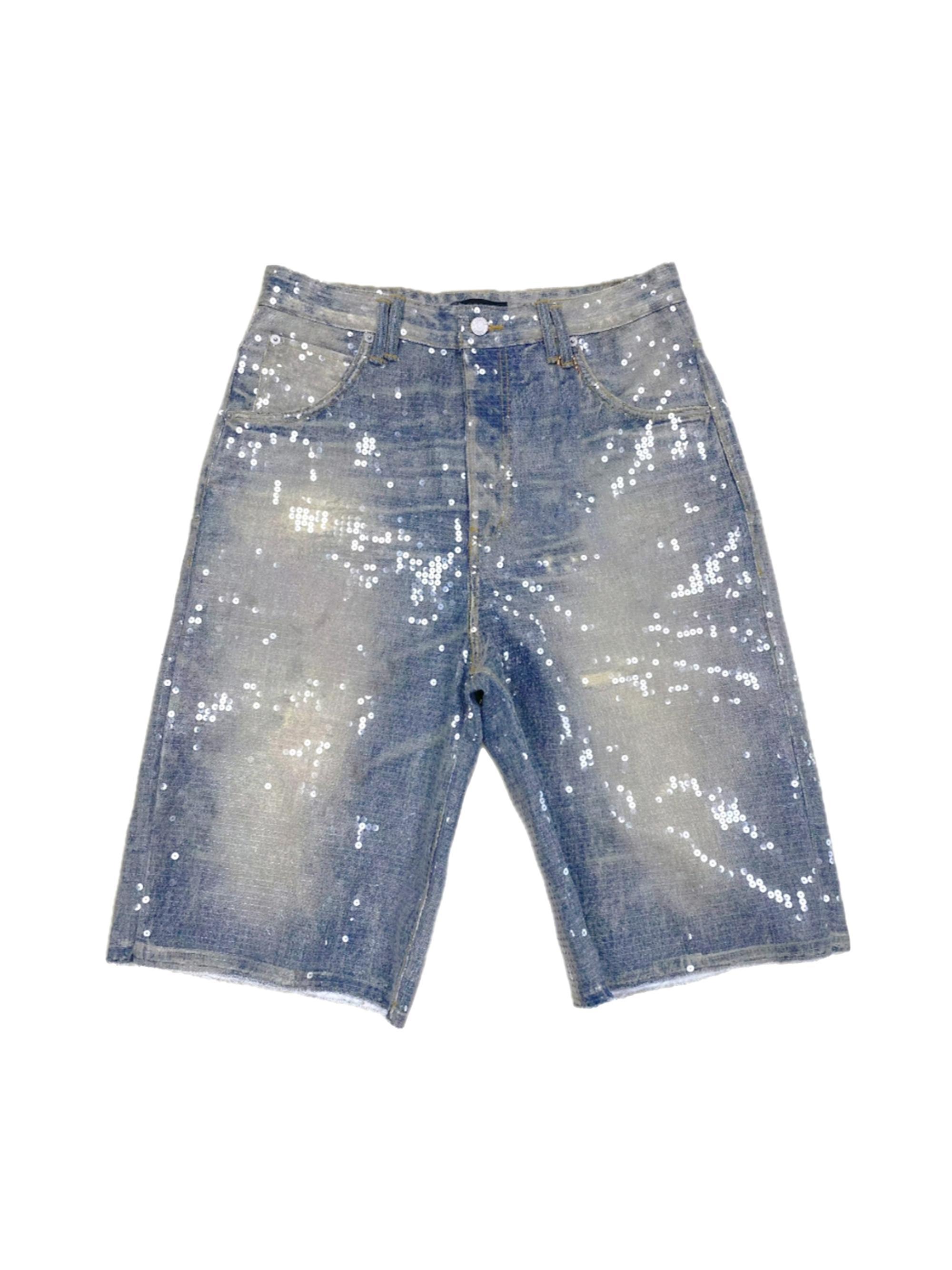 Purple Brand Men's Sequined Cotton Denim Wide-Leg Shorts - Light Indigo