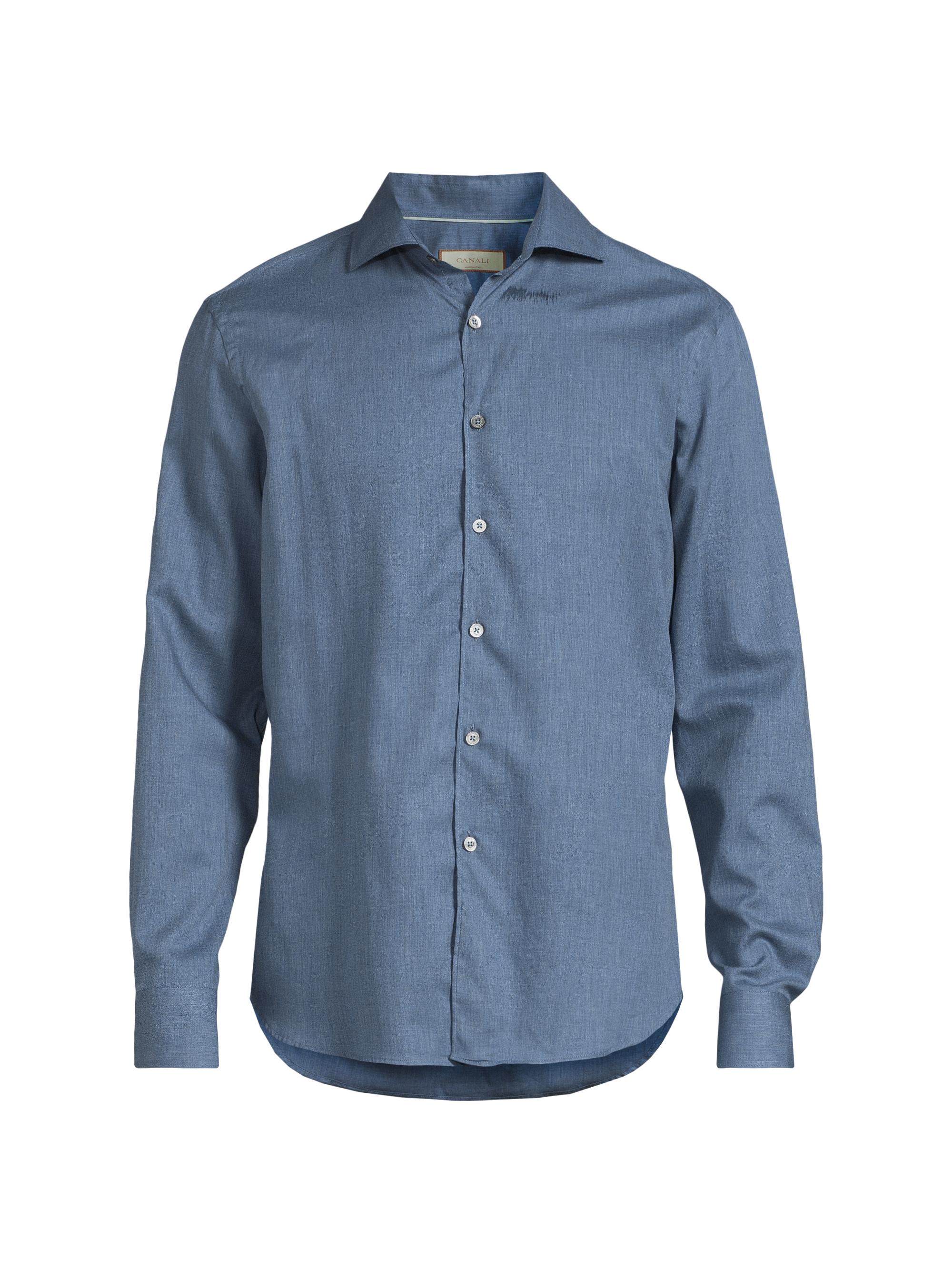 Canali Men's Solid Herringbone Woven Cotton Shirt - Dark Blue