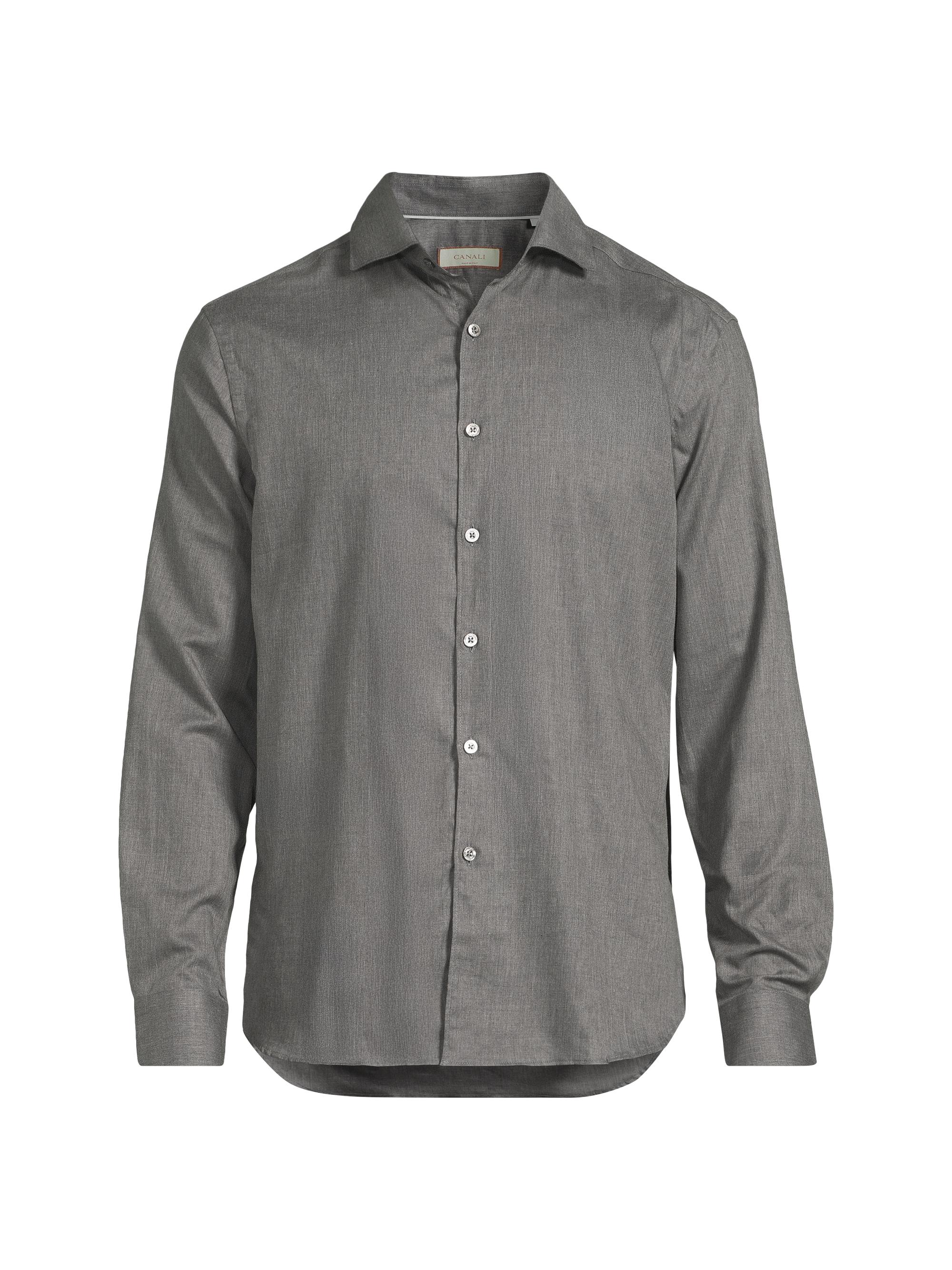 Canali Men's Solid Herringbone Woven Cotton Shirt - Dark Grey