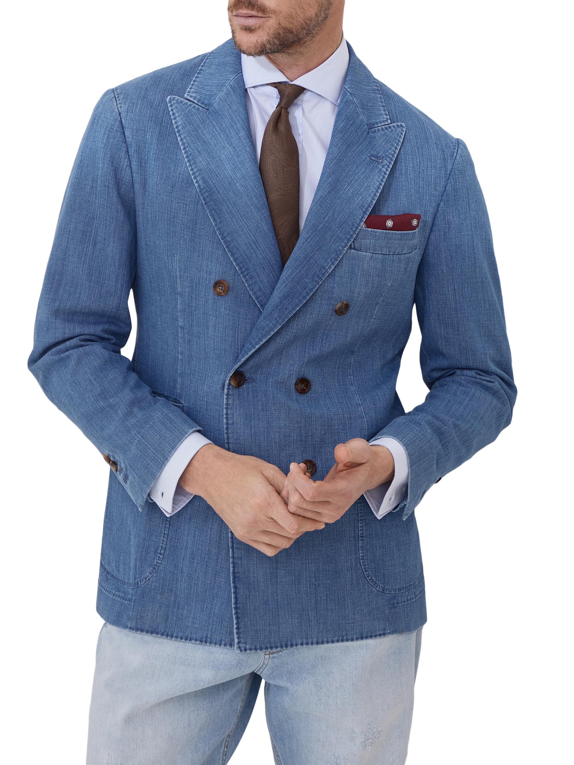 Brunello Cucinelli Men's Old Denim Deconstructed One and a Half Breasted Blazer - Light Blue Denim
