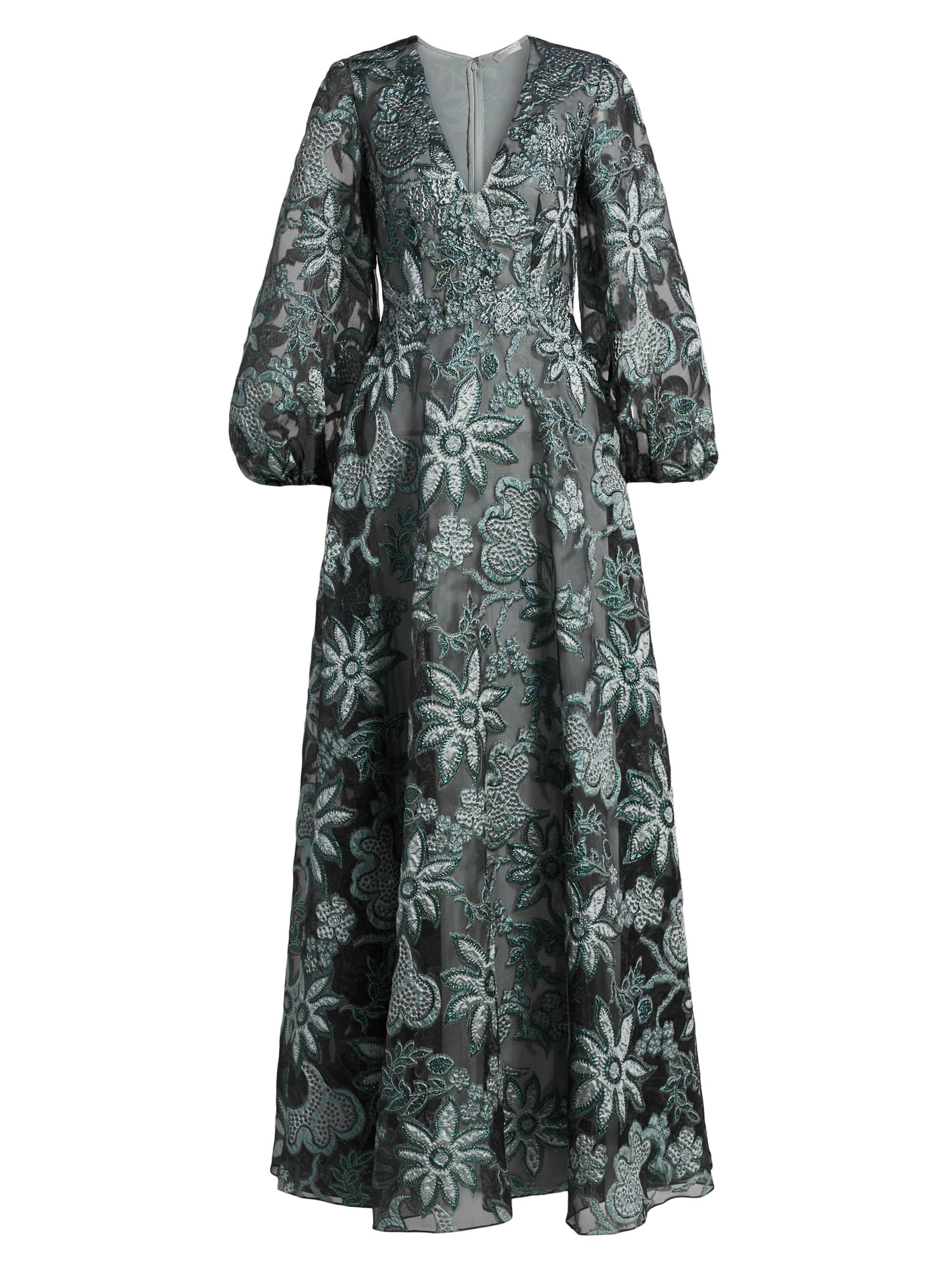 Reem Acra Women's Floral Embroidered Bishop-Sleeve Gown - Hunter Green