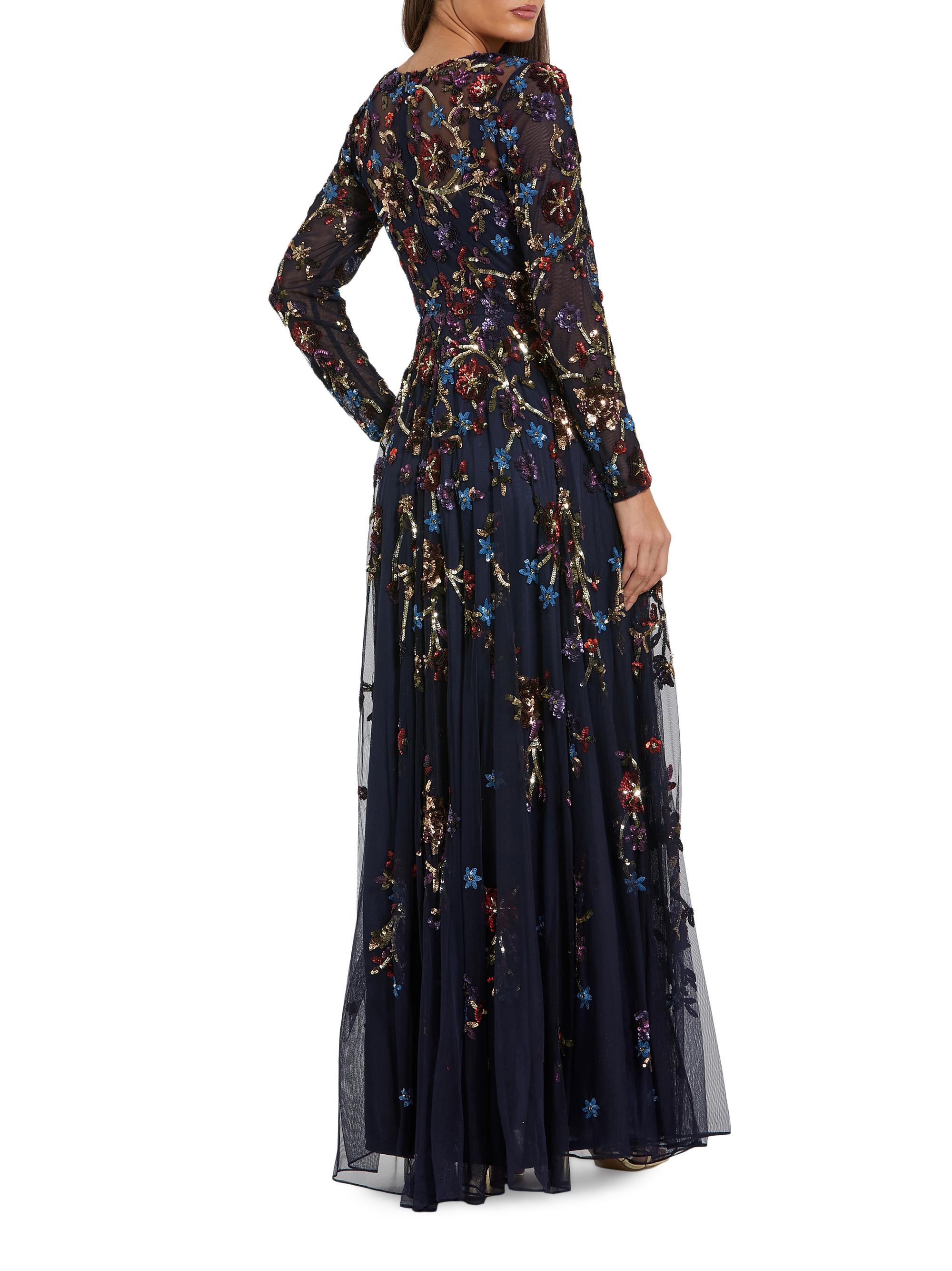 Mac Duggal Beaded Mesh Long Sleeve A-Line Gown - Midnight Multi