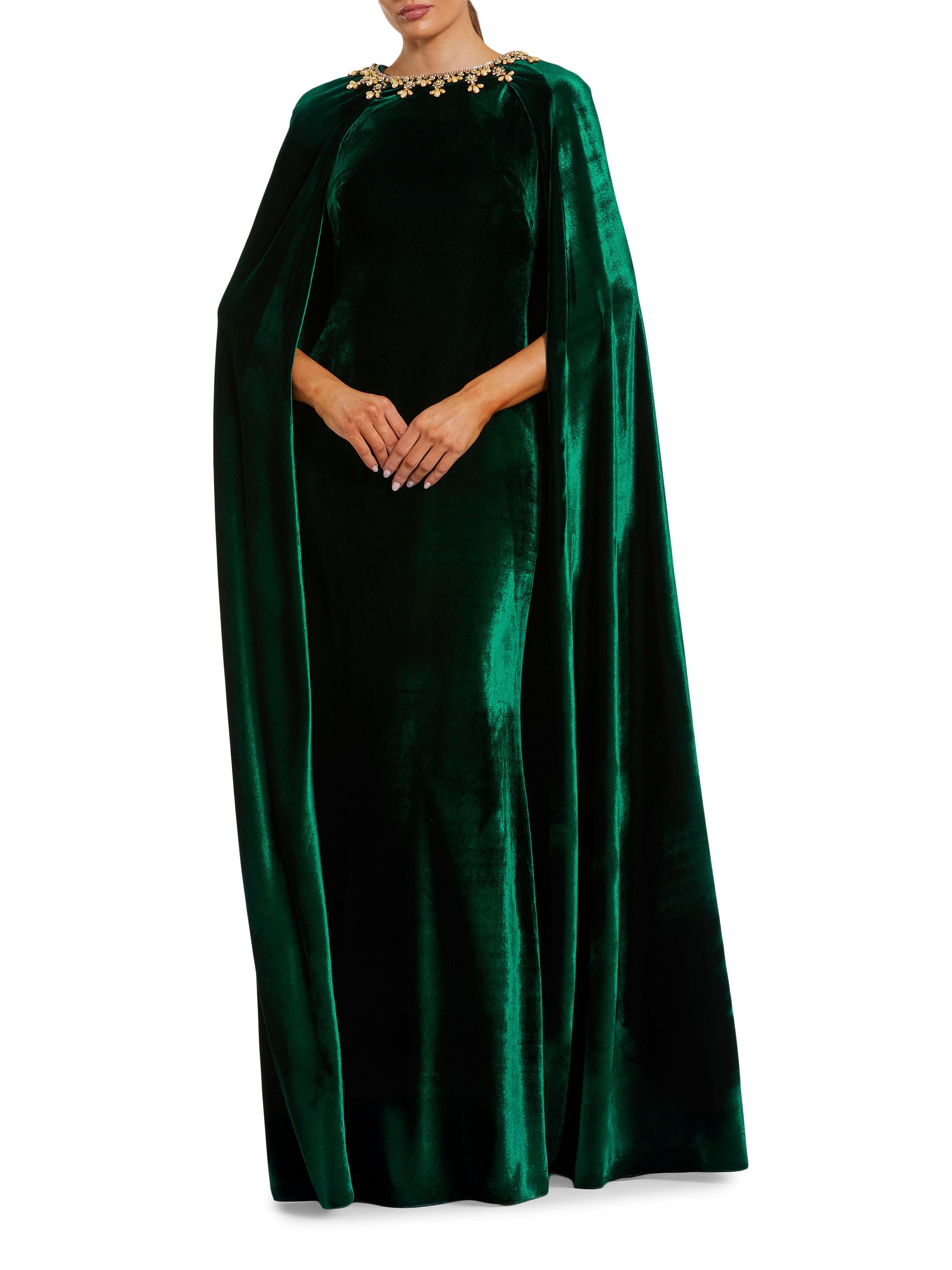 Mac Duggal Women's Embellished-Neckline Velvet Cape Gown - Deep Green