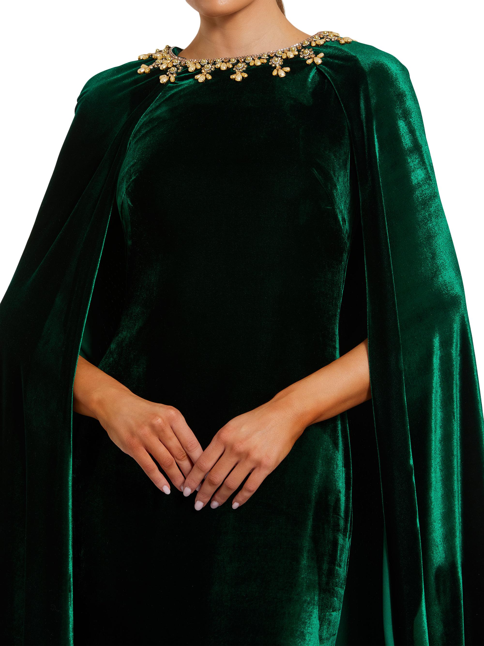Mac Duggal - Dark Green Velvet Cape Gown With Embellished Neckline - Deep Green / US 10