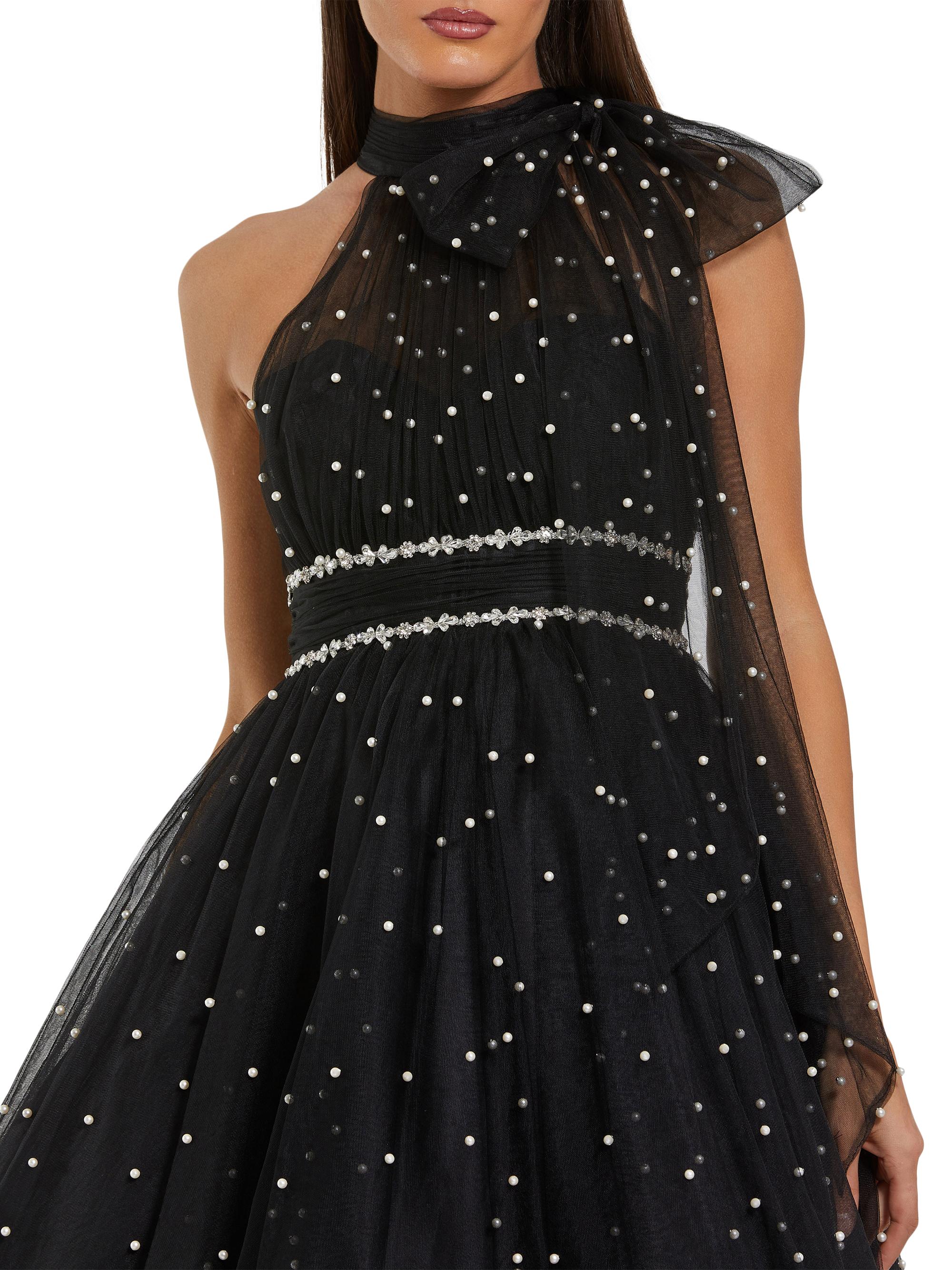 Mac Duggal Pearl Embellished Tulle Tie Neck A Line Mini Dress, Womens, 8, Black Ivory