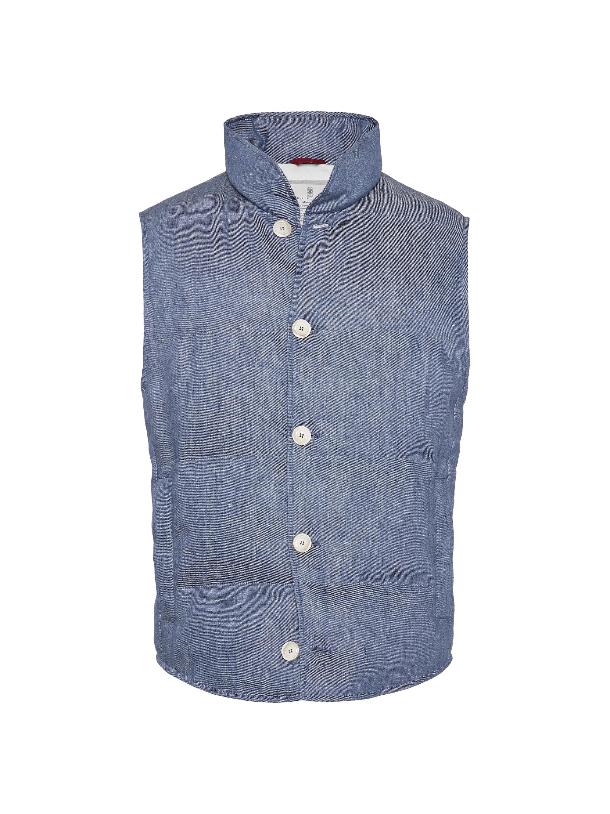 Brunello Cucinelli Men's Denim Effect Linen Down Vest - Denim