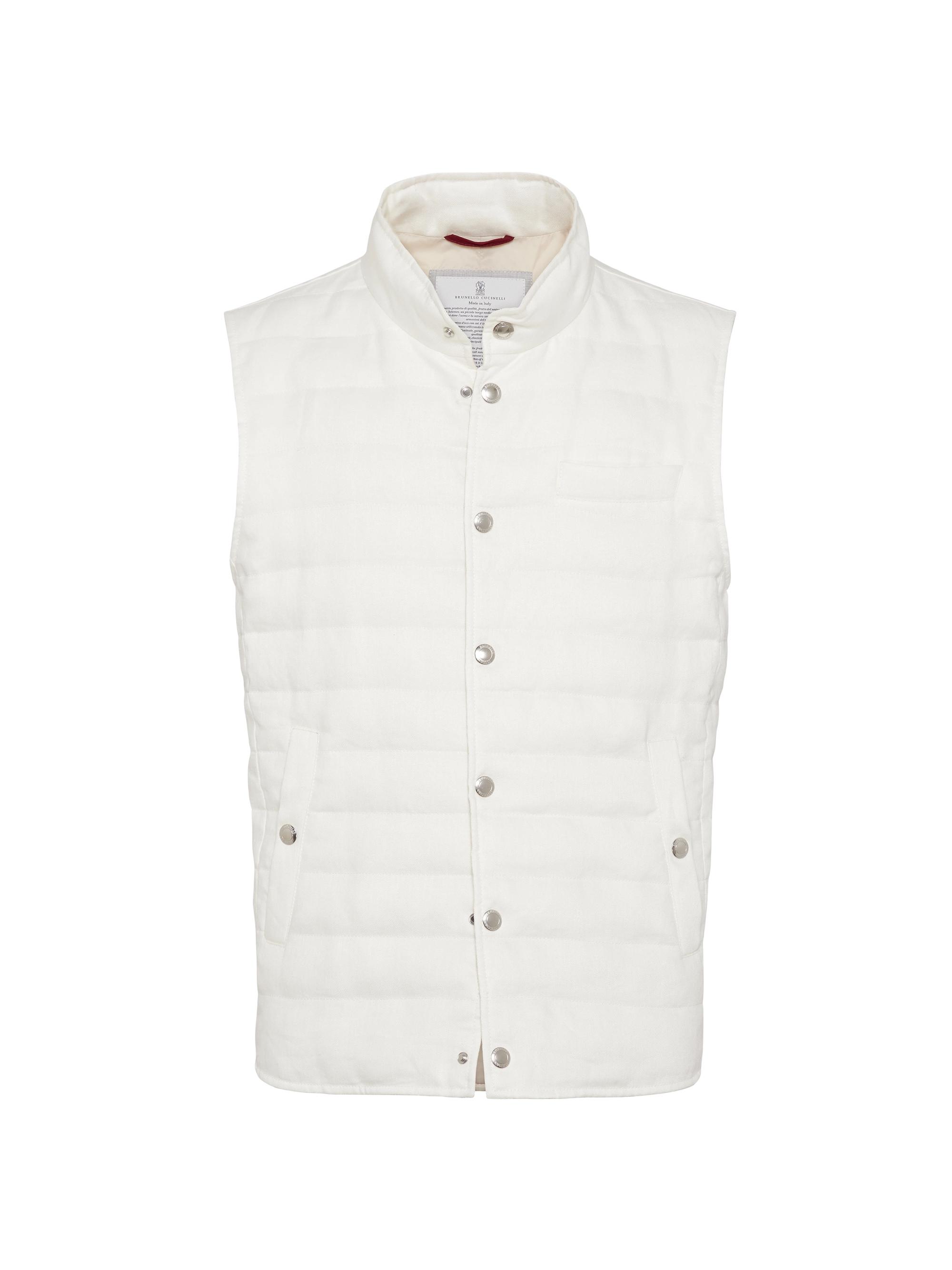 Brunello Cucinelli Men's Denim Effect Linen Lightweight Down Vest - Off White