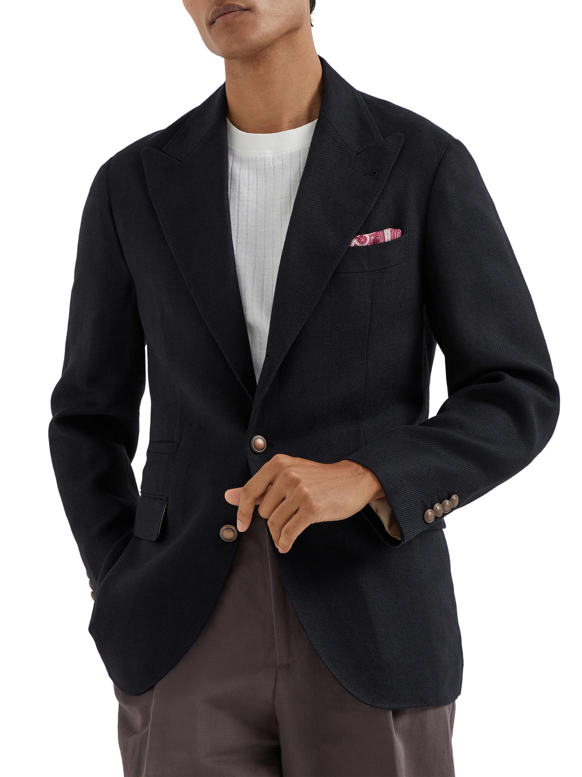 Brunello Cucinelli Men's Linen, Wool and Silk Diagonal Deconstructed Blazer - Black