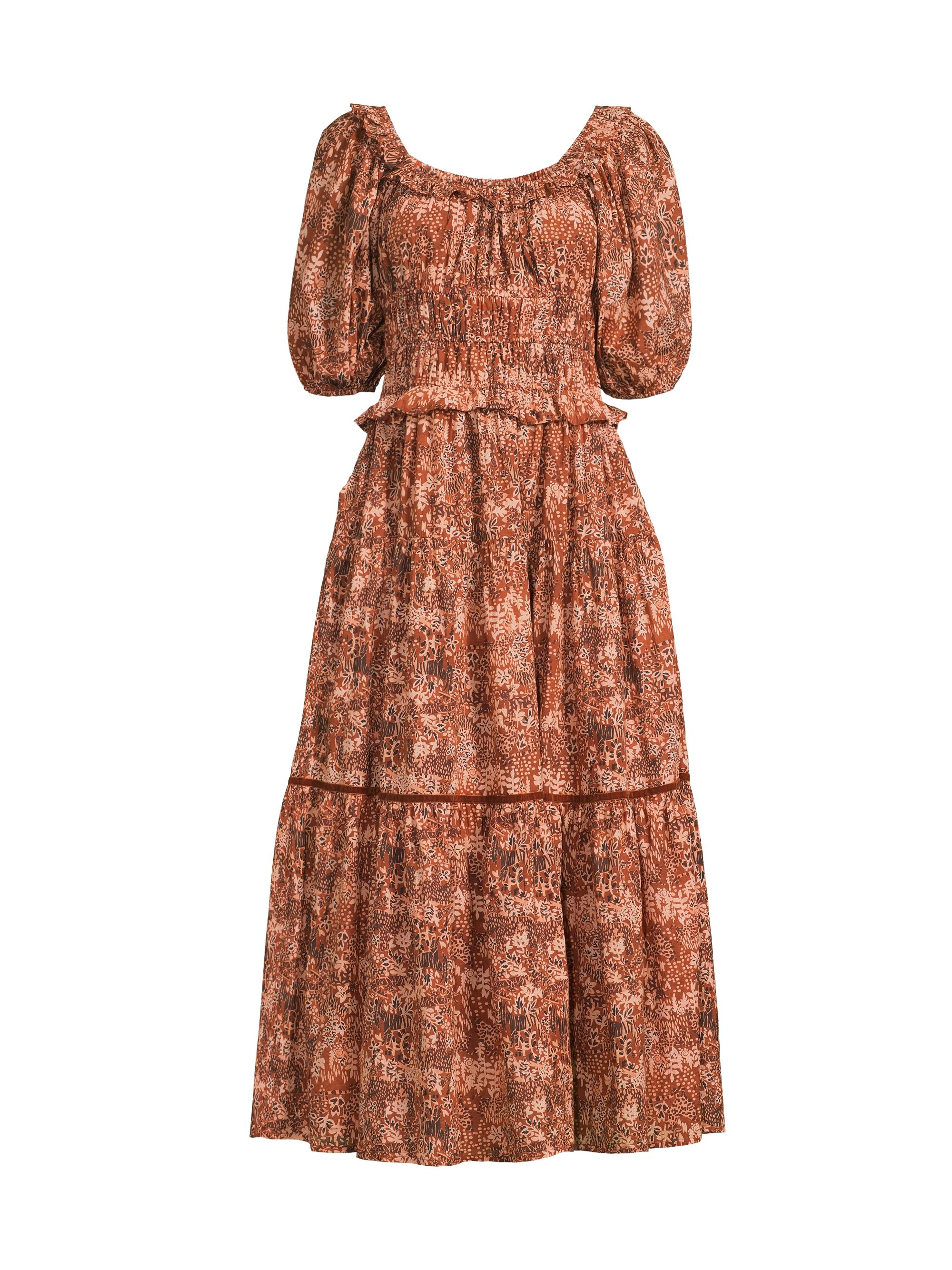 Ro's Garden Women's Percy Ruffle Cotton Midi-Dress - Brown Tiger