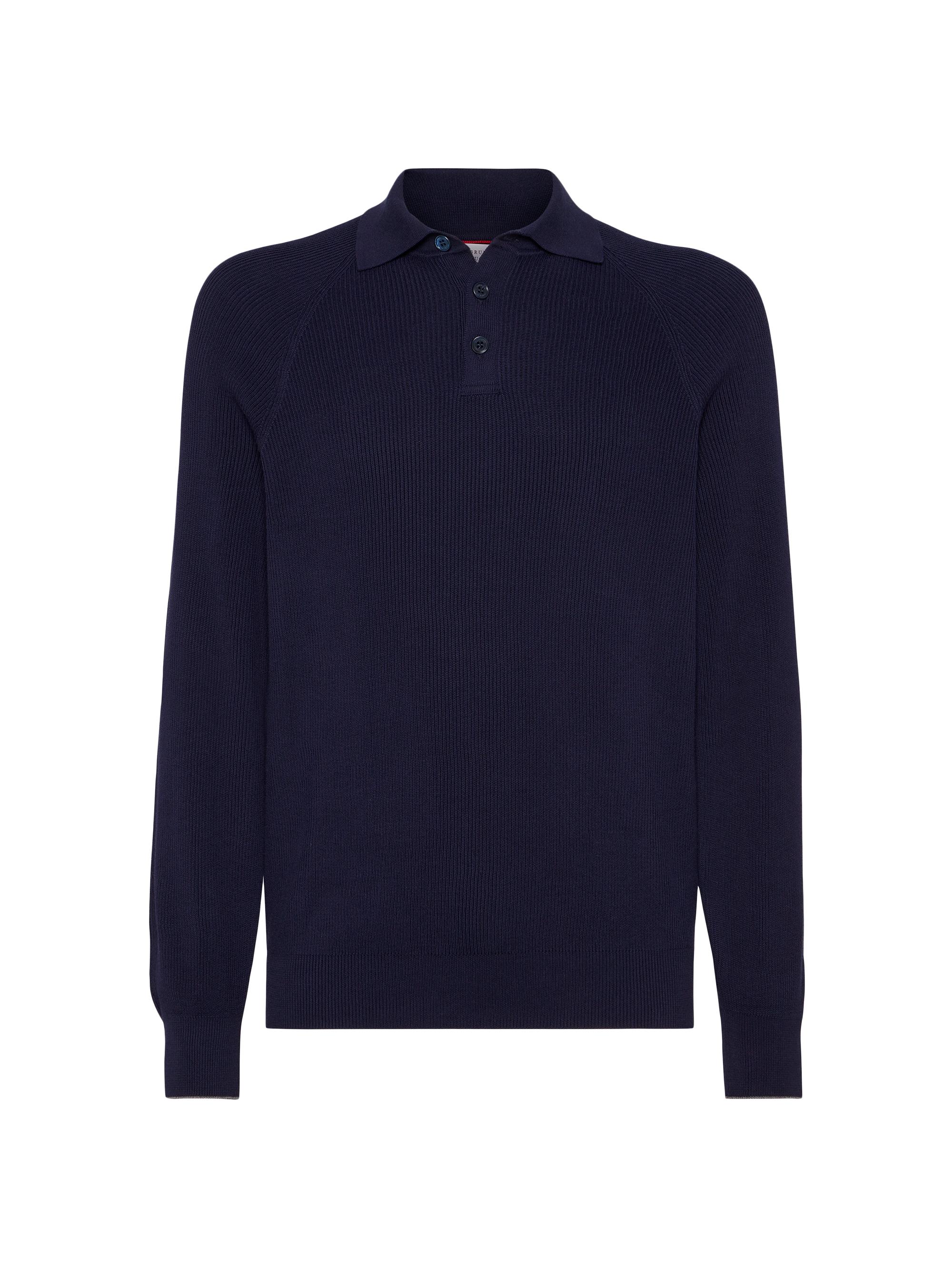 Brunello Cucinelli Men's Cotton English Rib Knit Polo Shirt - Navy Blue