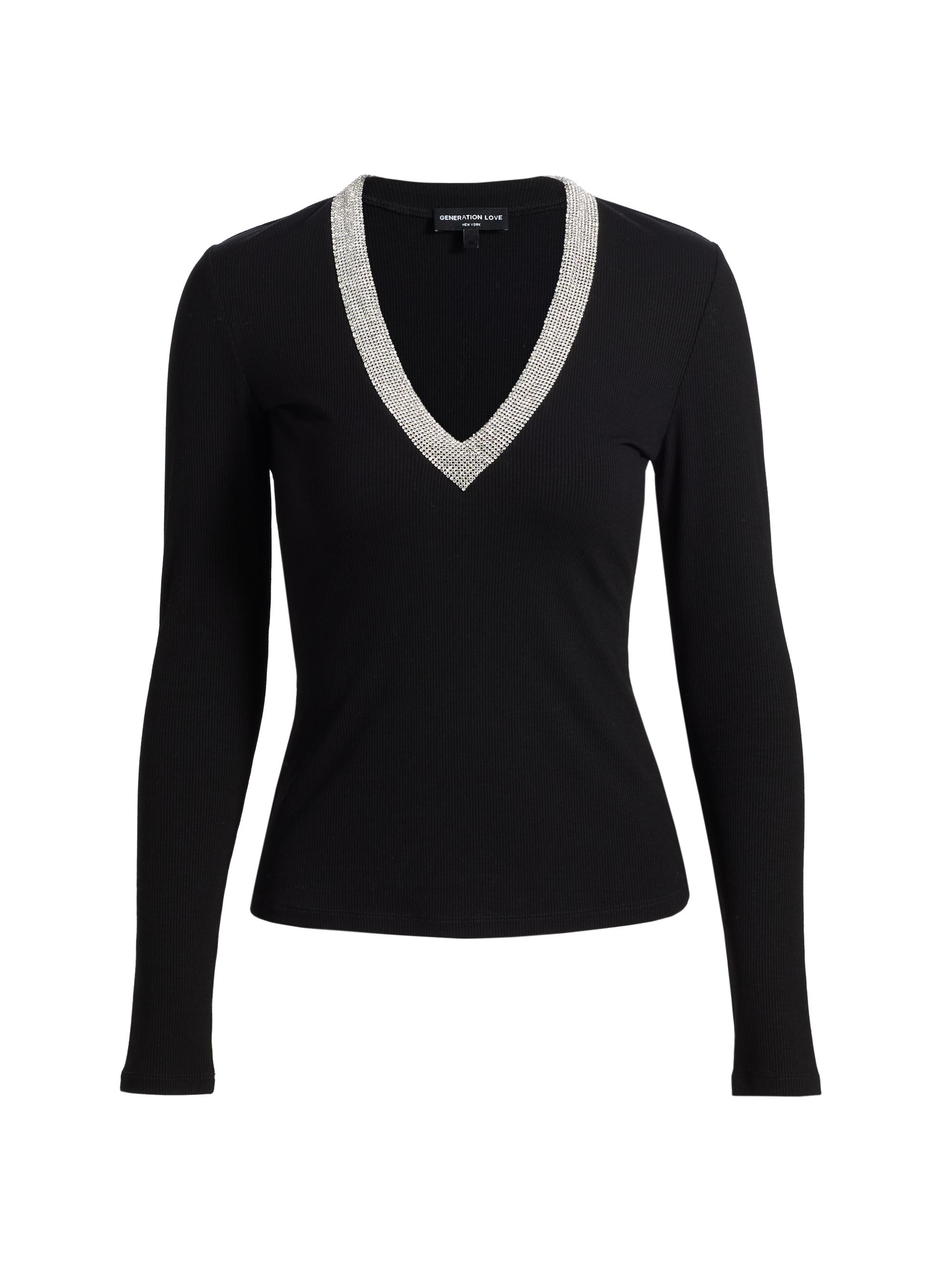 Generation Love Women's Pandora Crystal-Embellished V-Neck Top - Black