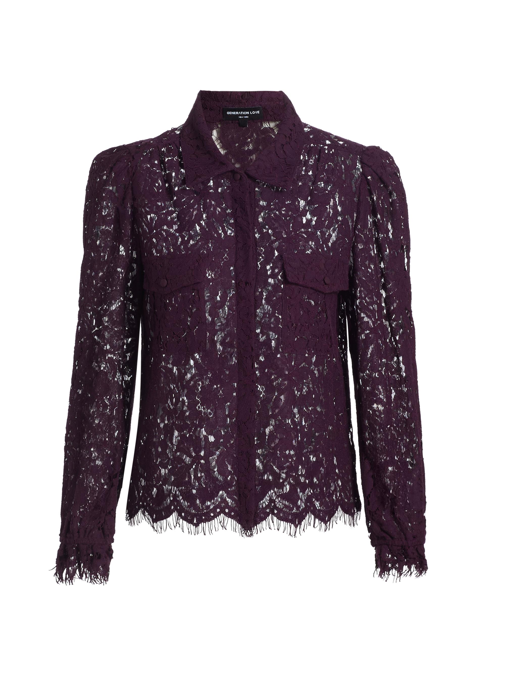Generation Love Women's Floral Lace Button-Front Shirt - Eggplant