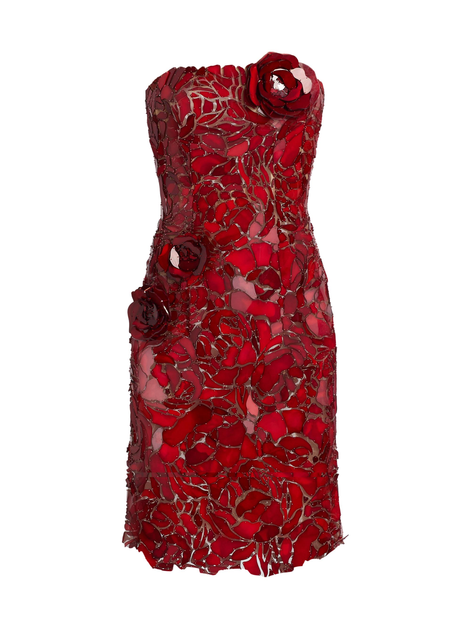 Oscar de la Renta Women's Strapless Mosaic Embroidered Tulle Cocktail Dress - Scarlet
