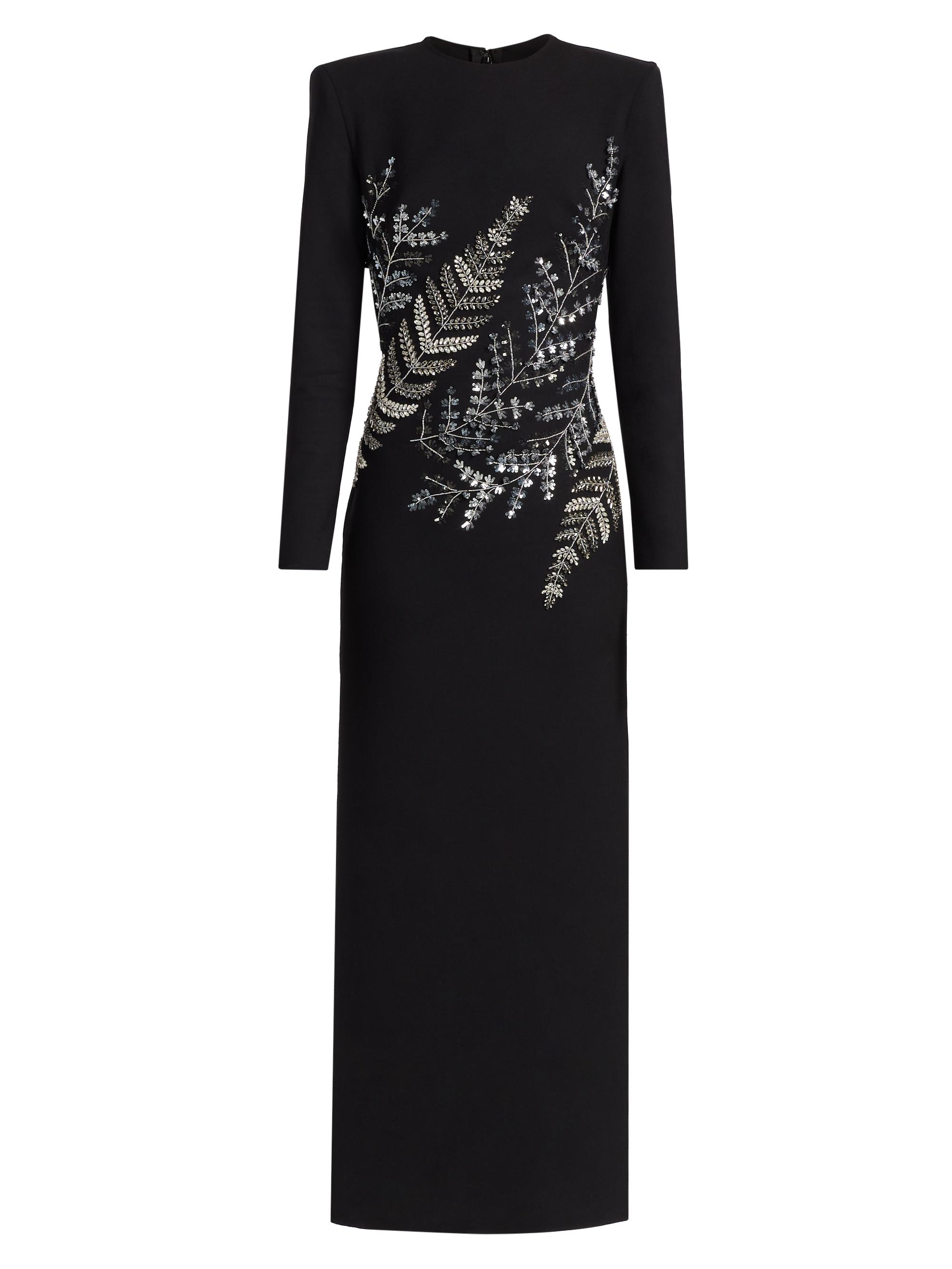 Oscar de la Renta Women's Fern Embroidered Long-Sleeve Stretch-Wool Gown - Black