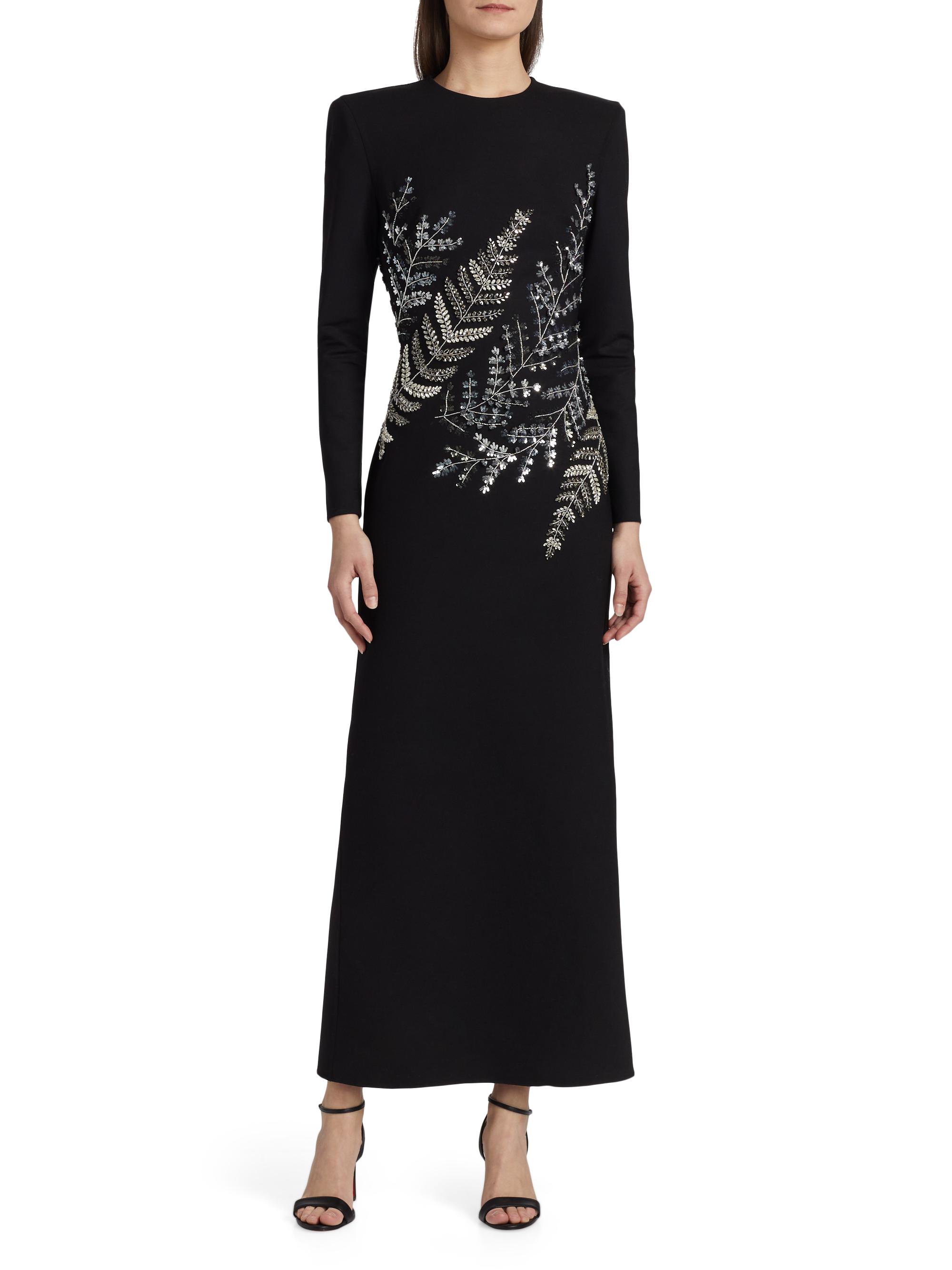 Fern Embroidered Long-Sleeve Stretch-Wool Gown