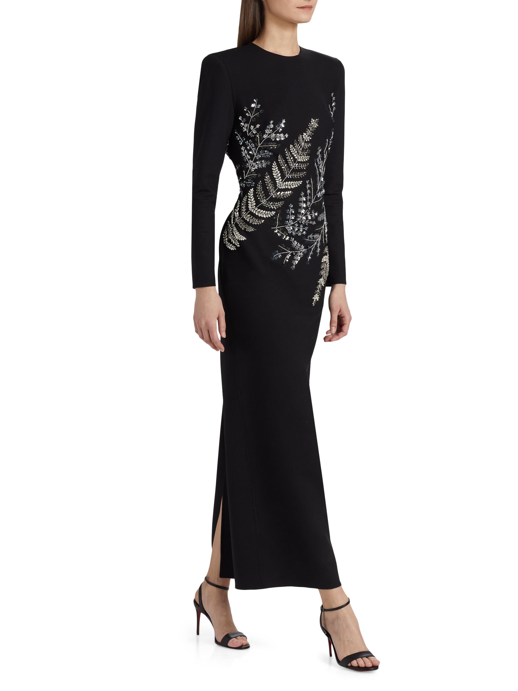 Fern Embroidered Long-Sleeve Stretch-Wool Gown