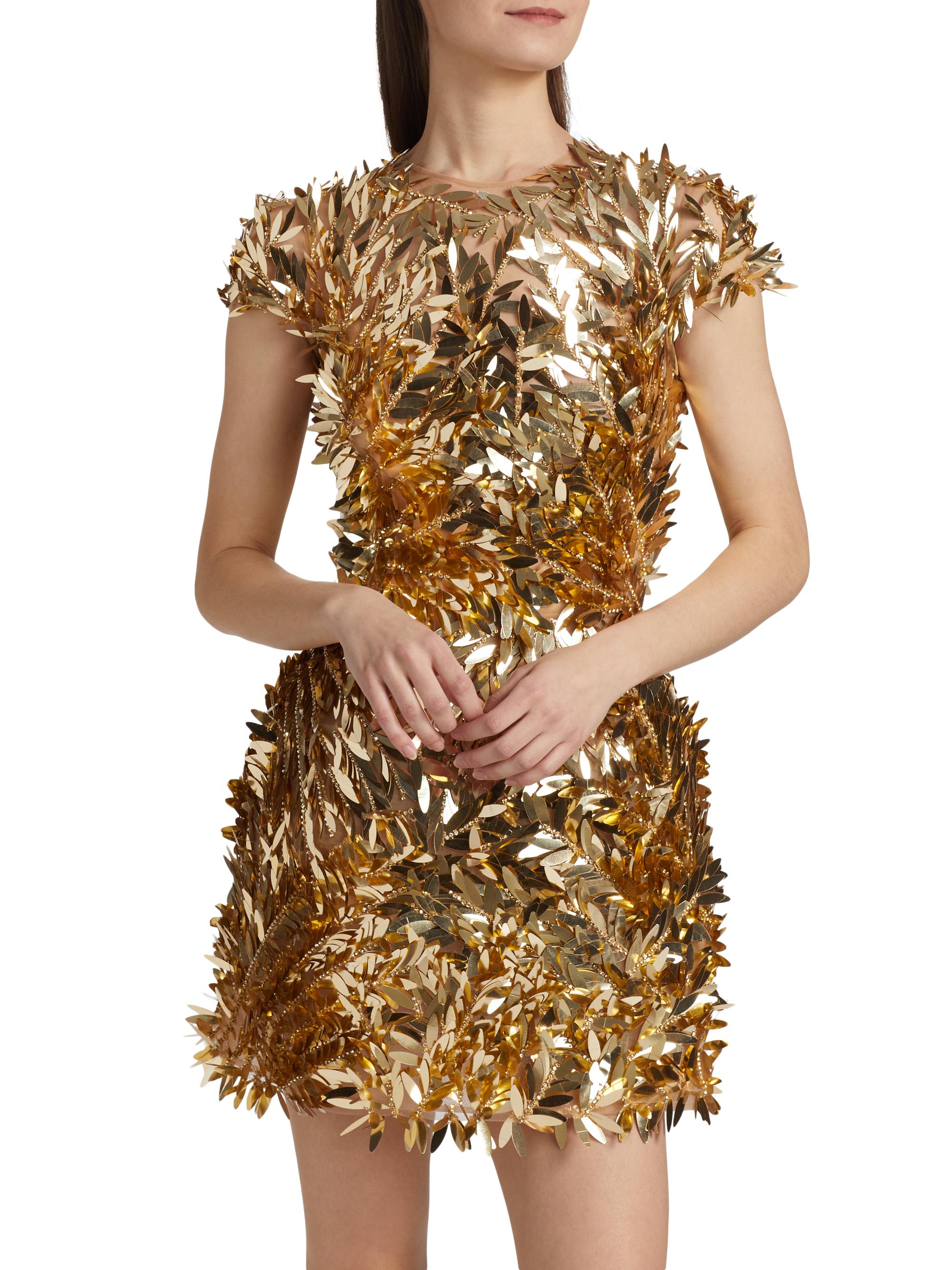 Oscar de la Renta Women's Sequin Feather Cocktail Dress - Gold - Size 8