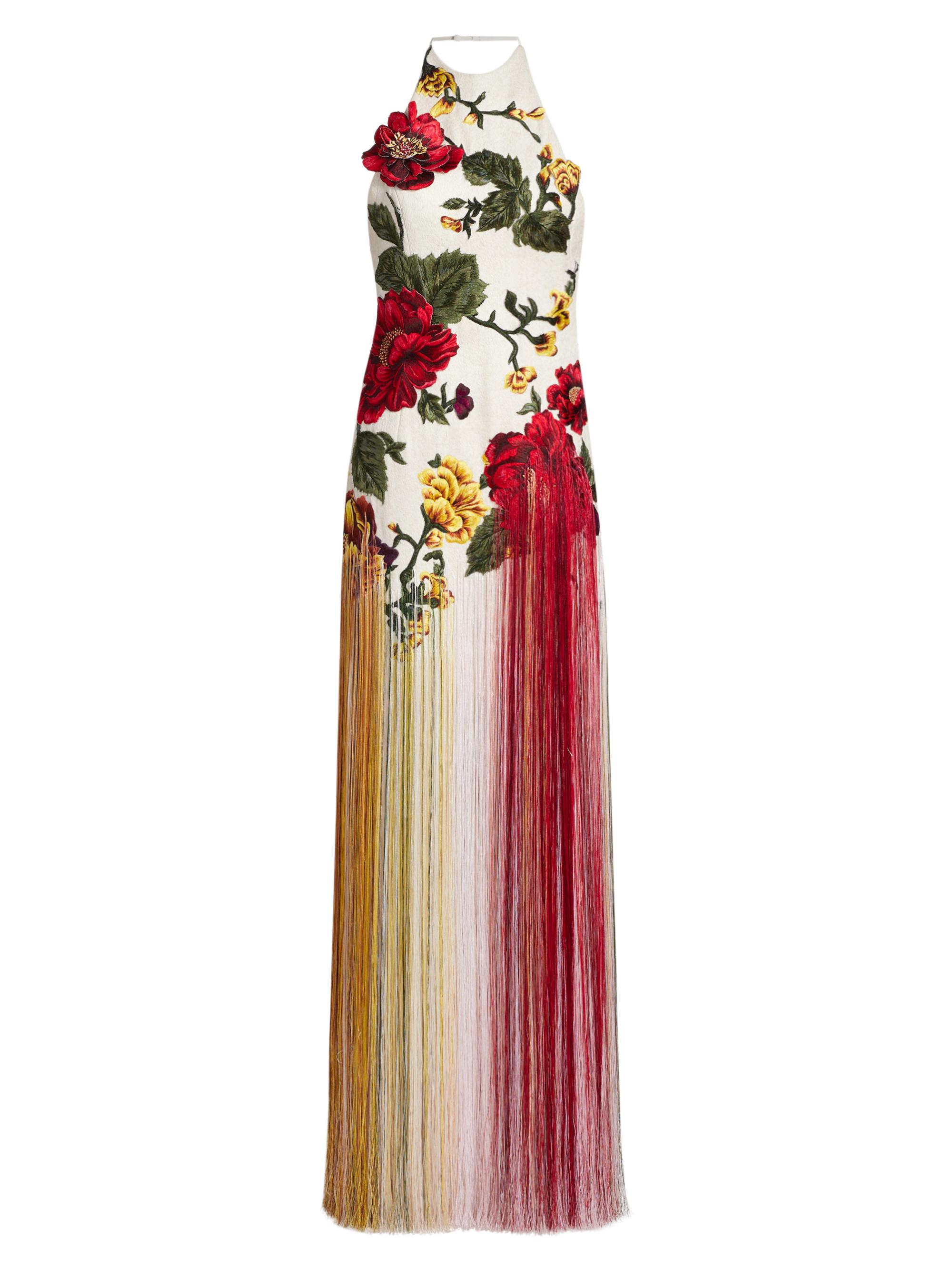 Oscar de la Renta Women's Halterneck Embroidered Silk Gown - Ecru Multi
