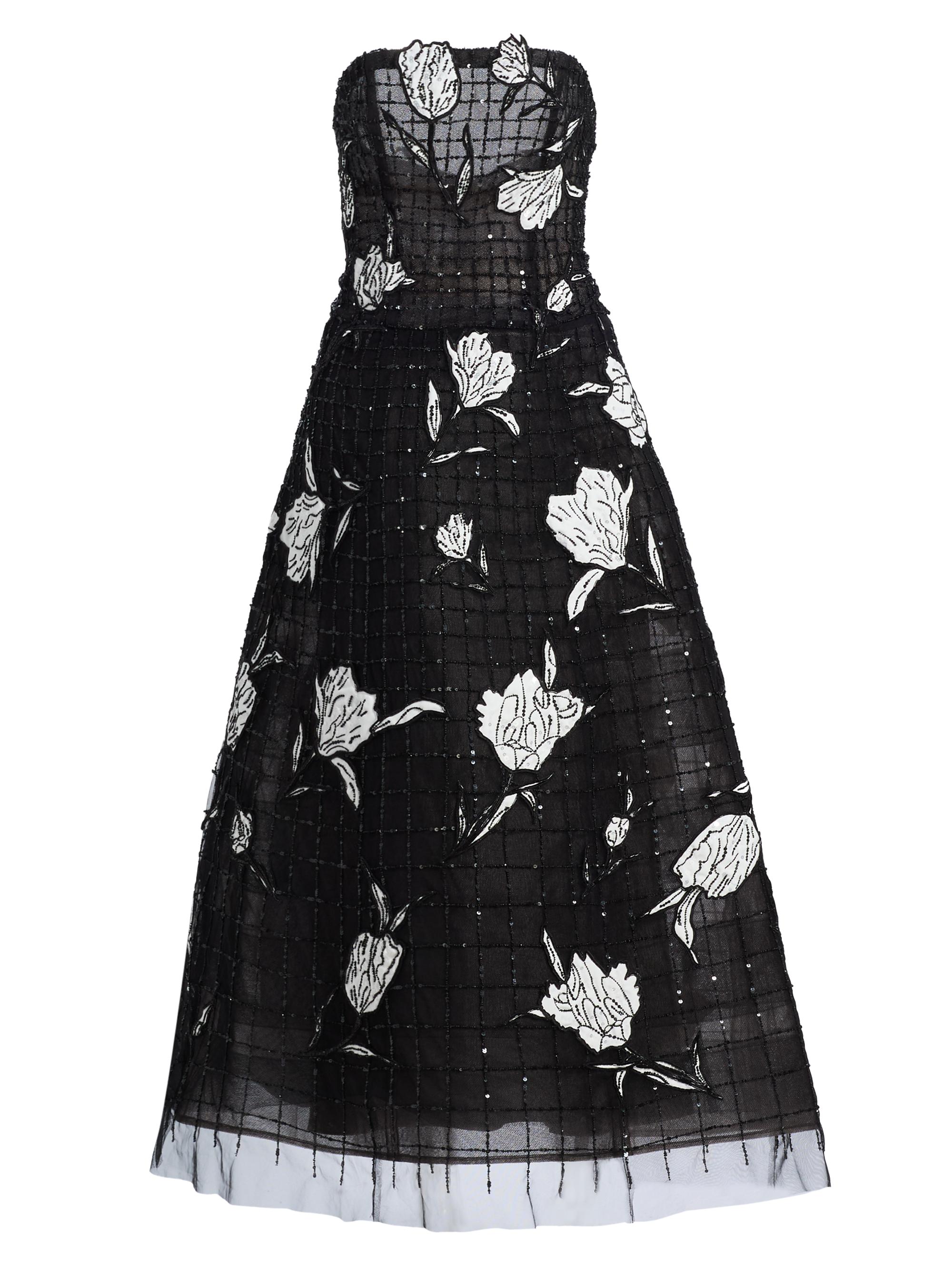 Carolina Herrera Women's Lily-Embroidered Sequin Mesh Strapless Gown - Black White
