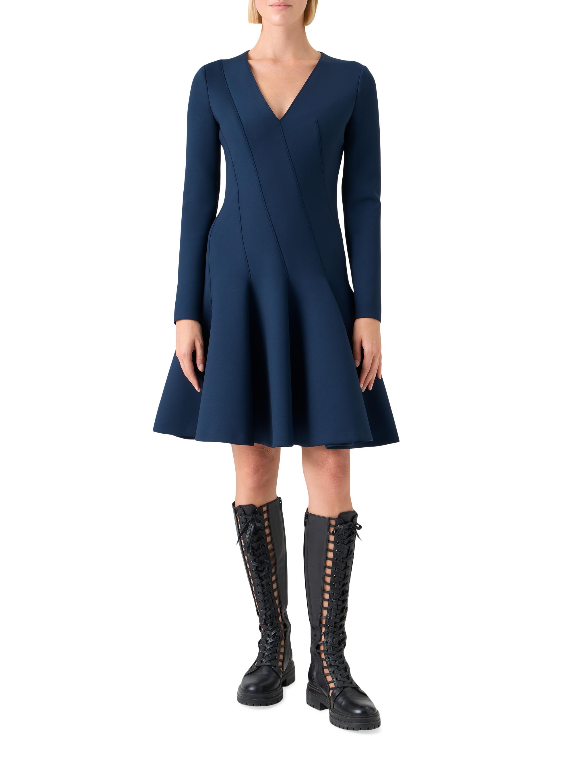 blue neoprene dress Long V Neck Neoprene Dress With Beaded Applique At Waist And Open Back main image 1