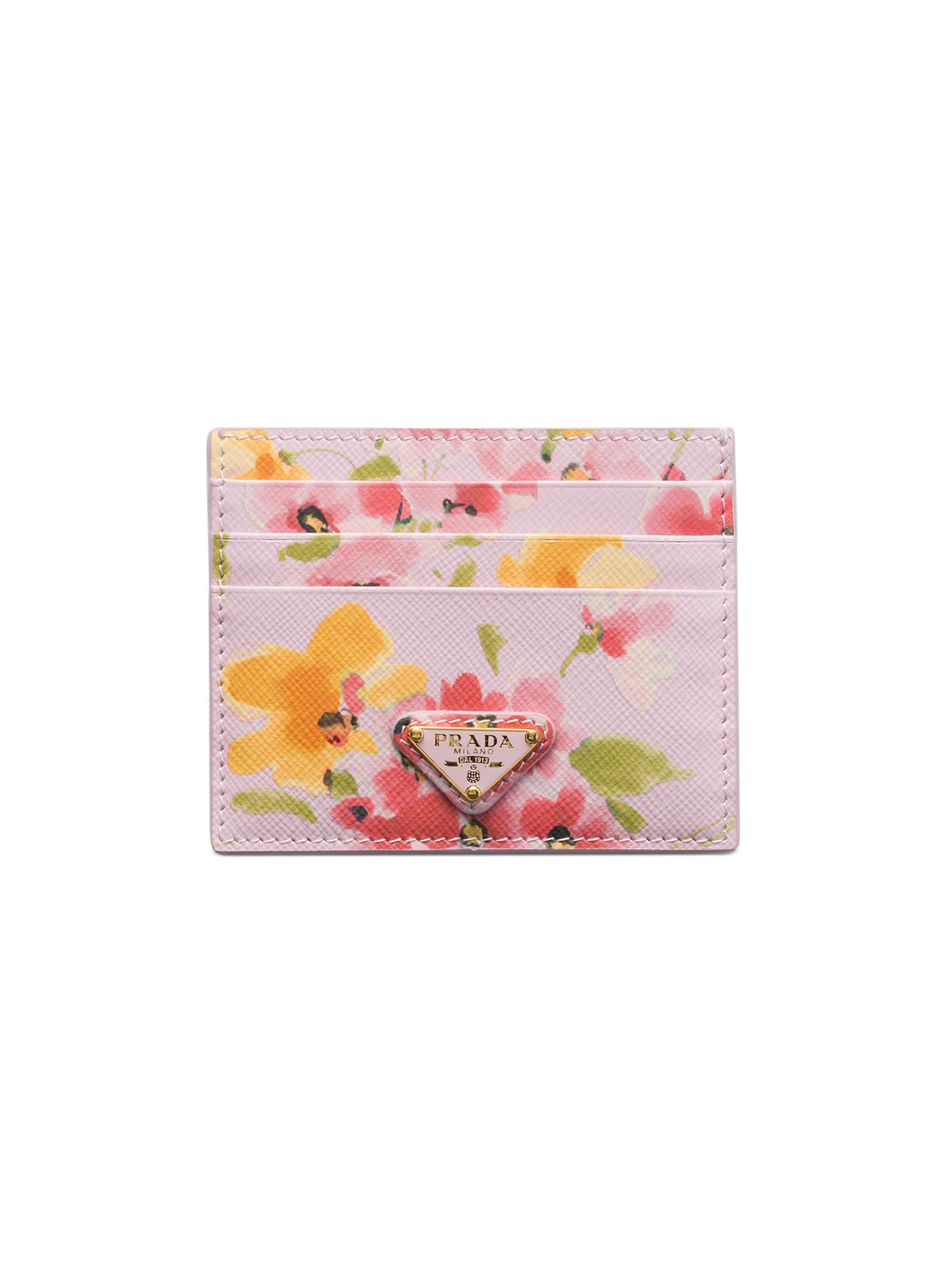 Prada Women's Floral-Print Saffiano Leather Card Holder - Beige Khaki