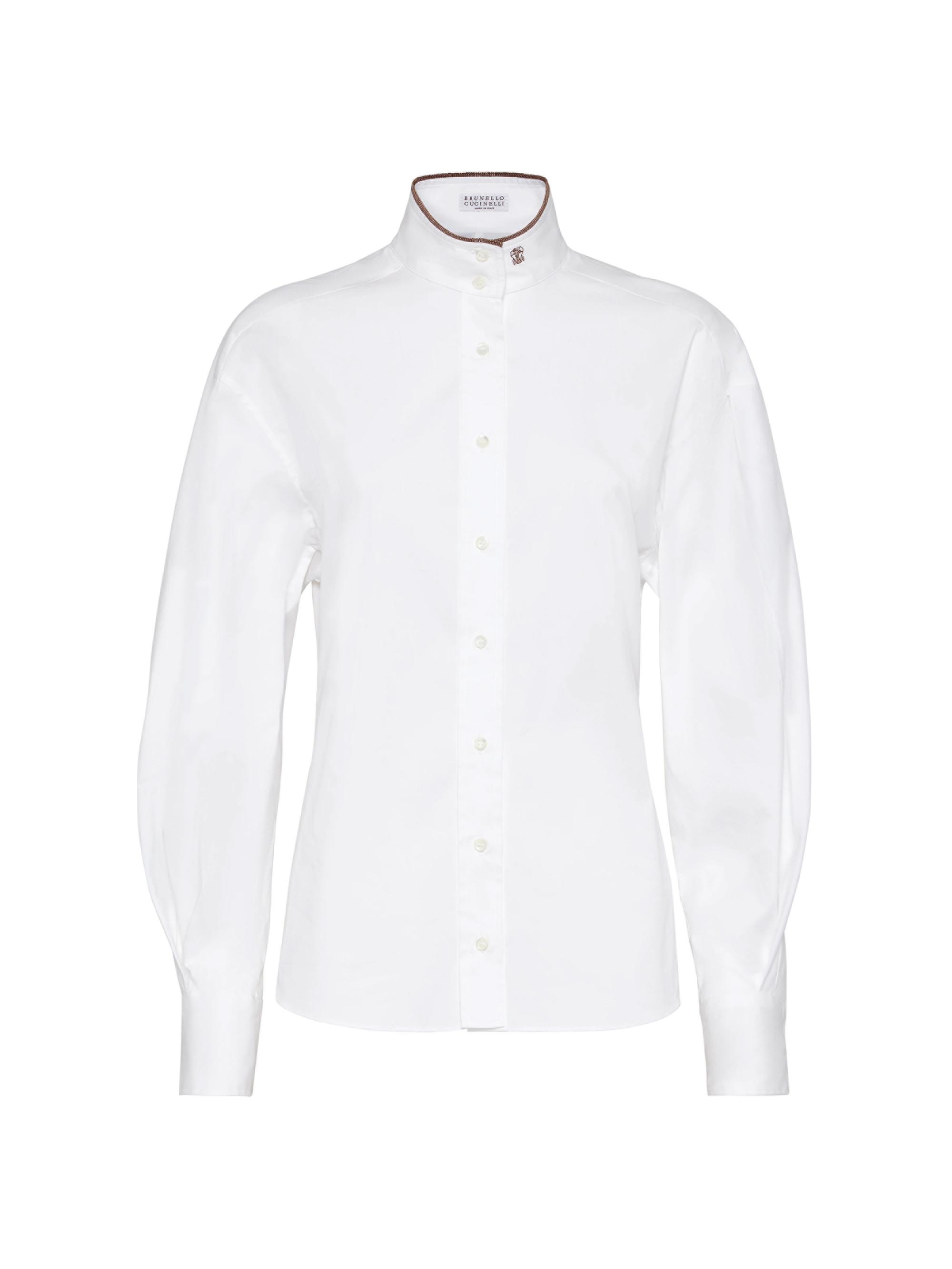 Brunello Cucinelli Women's Stretch Cotton Poplin Shirt with Shiny Collar Detail - White