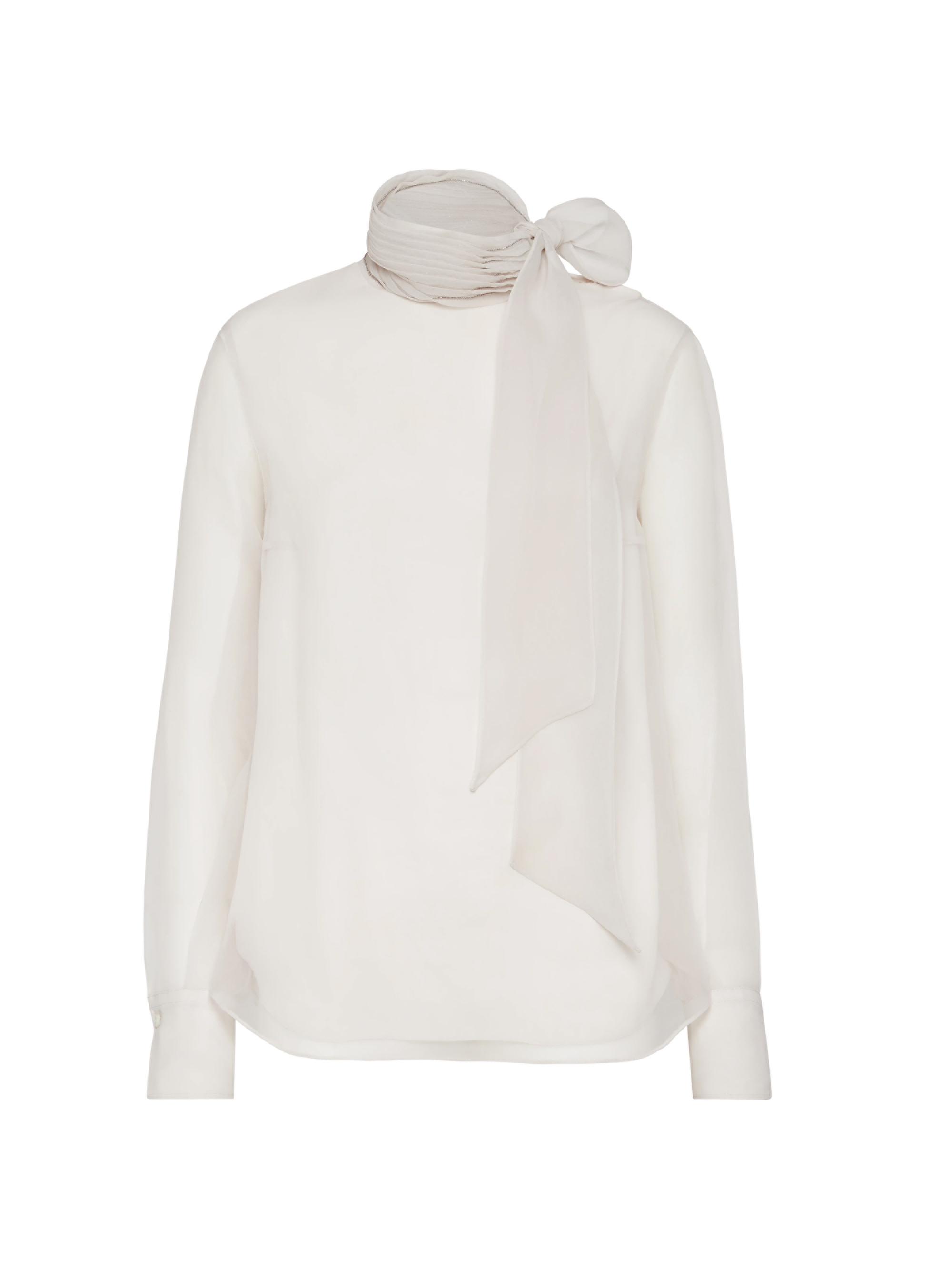 Brunello Cucinelli Women's Crispy Silk Pussybow Blouse with Monili - Silk