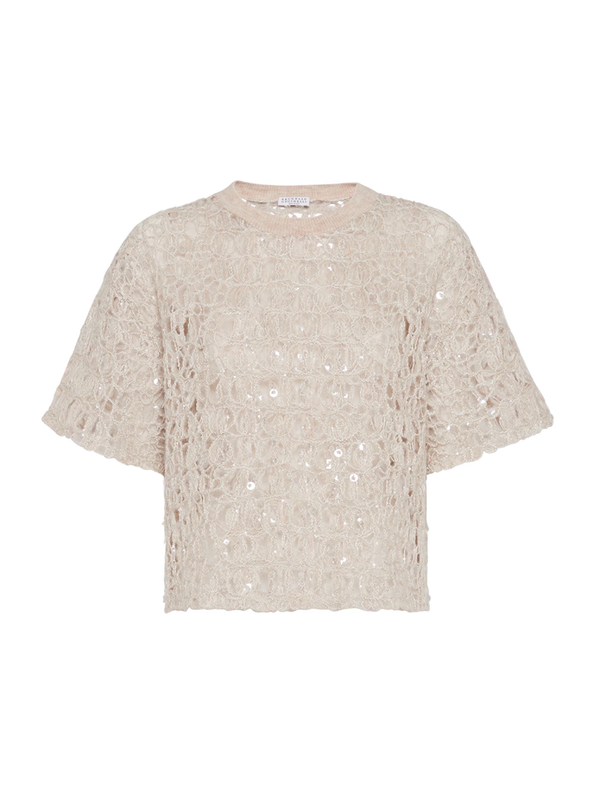 Brunello Cucinelli Women's Dazzling Croc Embroidery Knit T-Shirt in Mohair Silk and Linen - Cool Beige