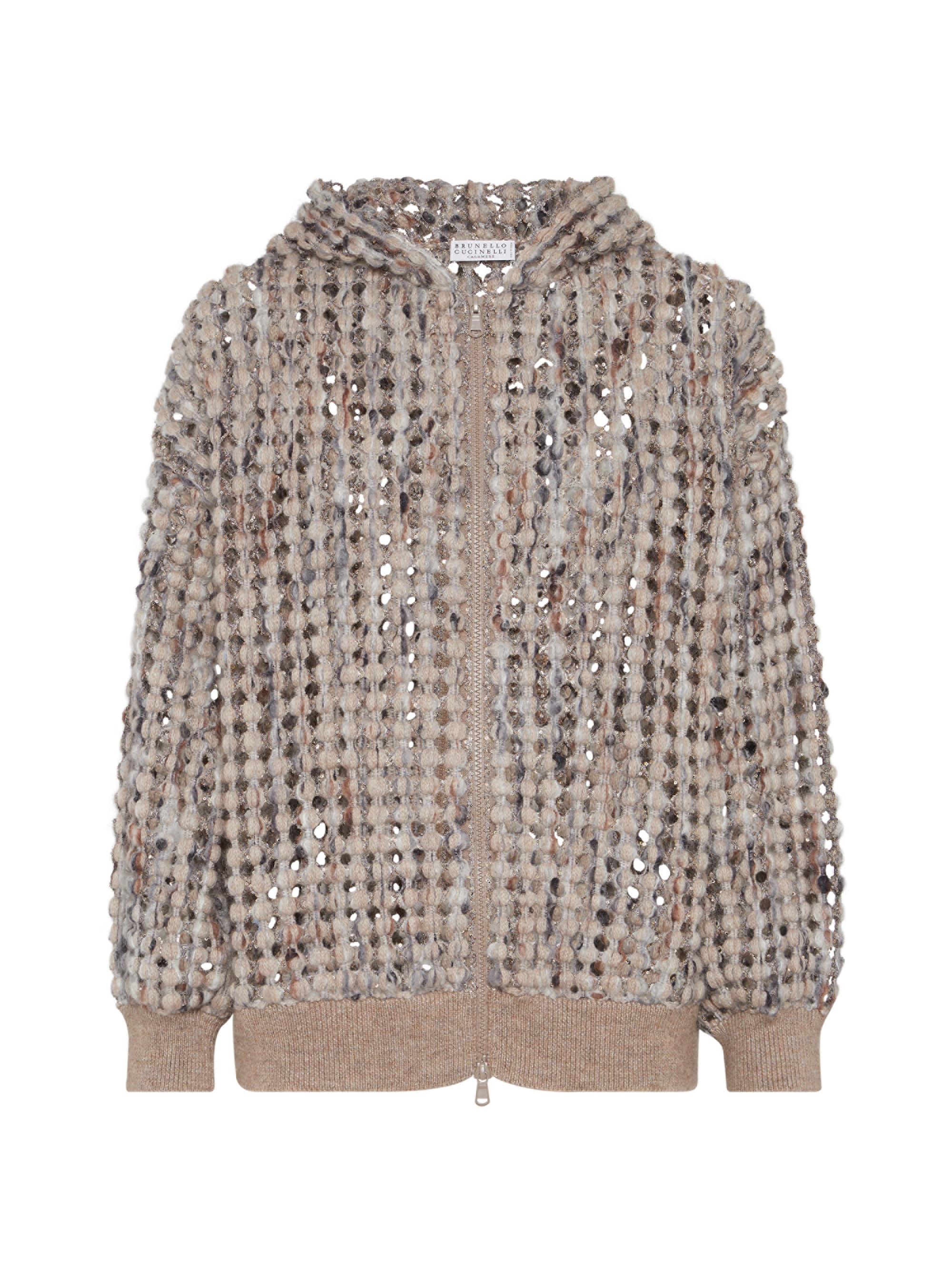 Brunello Cucinelli Women's Virgin Wool Cashmere and Mohair Balloon Net Embroidery Cardigan with Hood - Camel