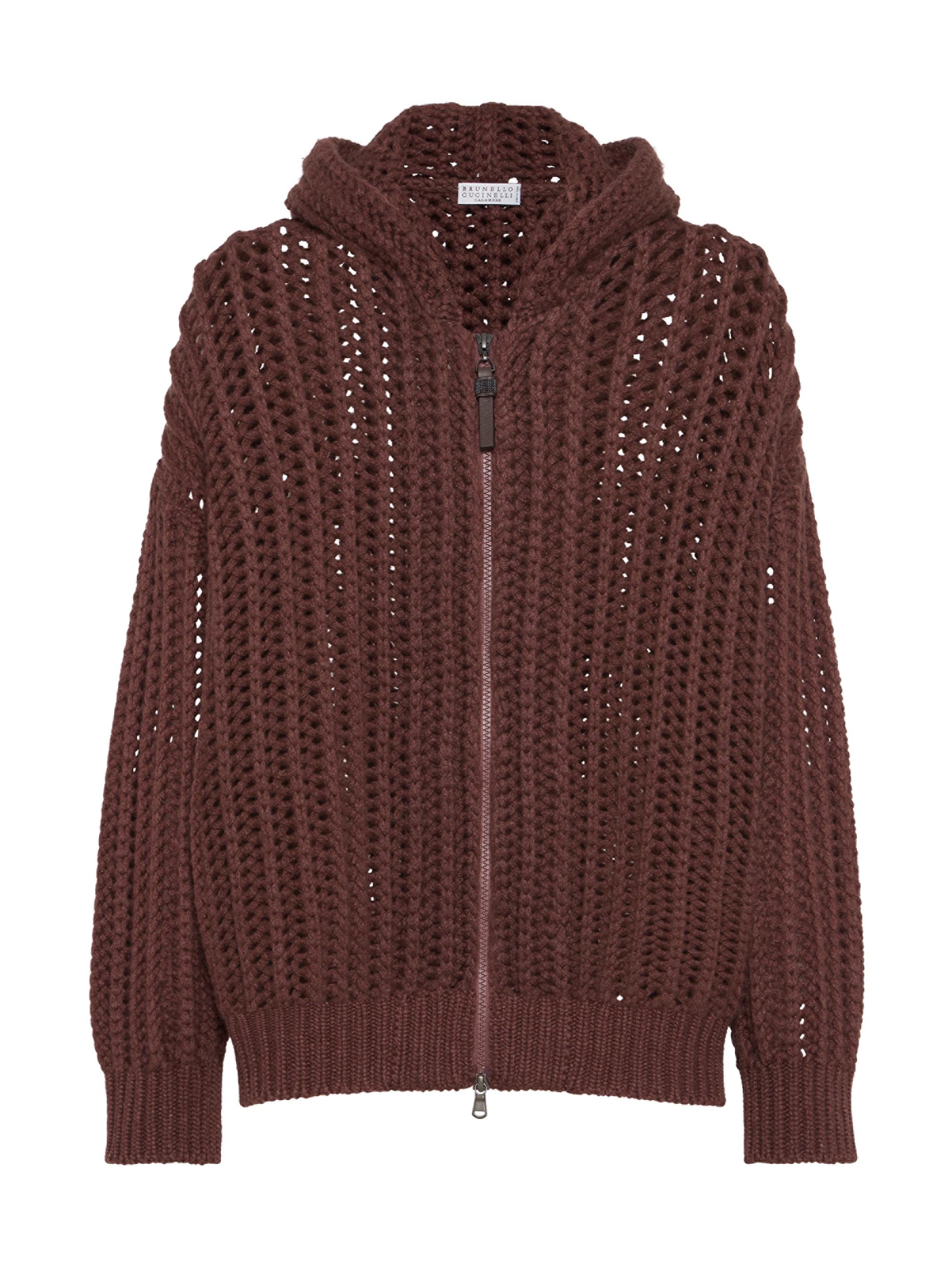 Brunello Cucinelli Women's Openwork Rib Hooded Cardigan in Cashmere Feather Yarn - Brown