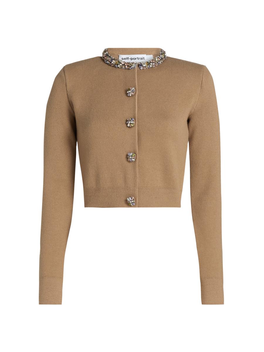 Self-portrait Women's Embellished Crewneck Crop Cardigan In Brown