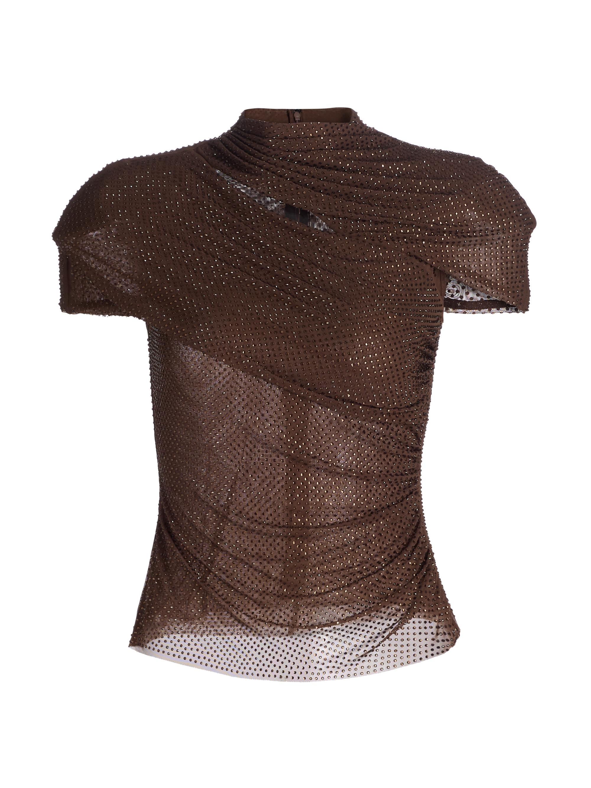 Self-Portrait Women's Rhinestone Cutout Mesh Top - Brown
