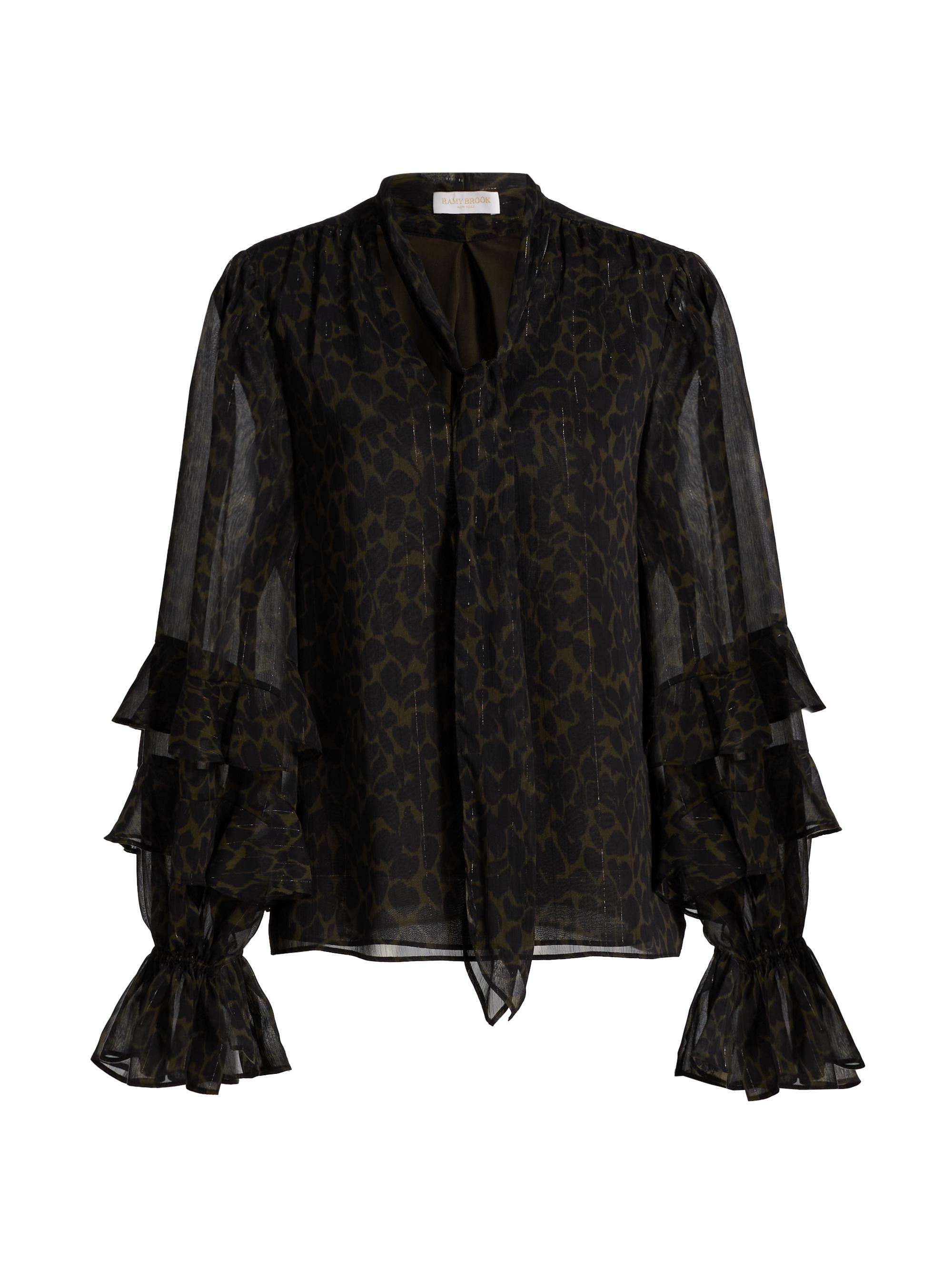 Ramy Brook Women's Foliage Bonnie Leopard Print Ruffle Blouse - Black Deep Olive Foliage