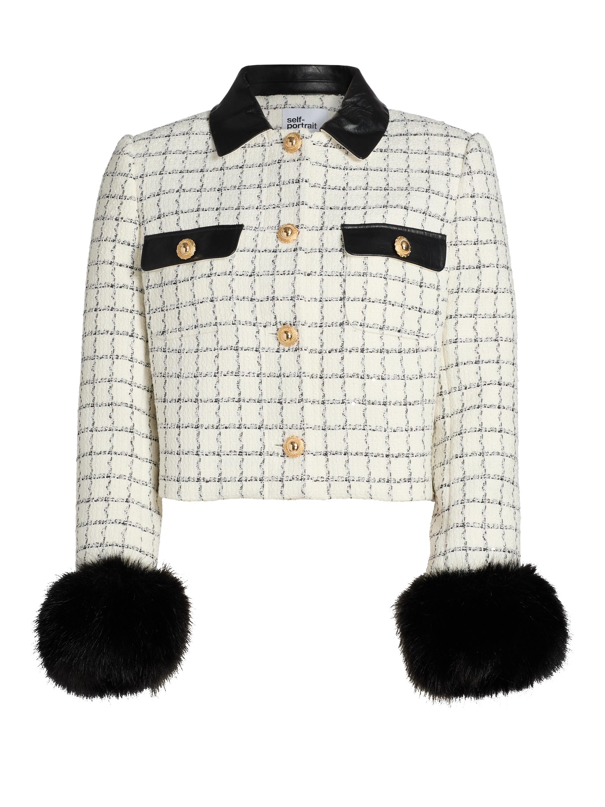 Self-Portrait Women's Check Boucle Faux Fur Cuff Jacket - Cream