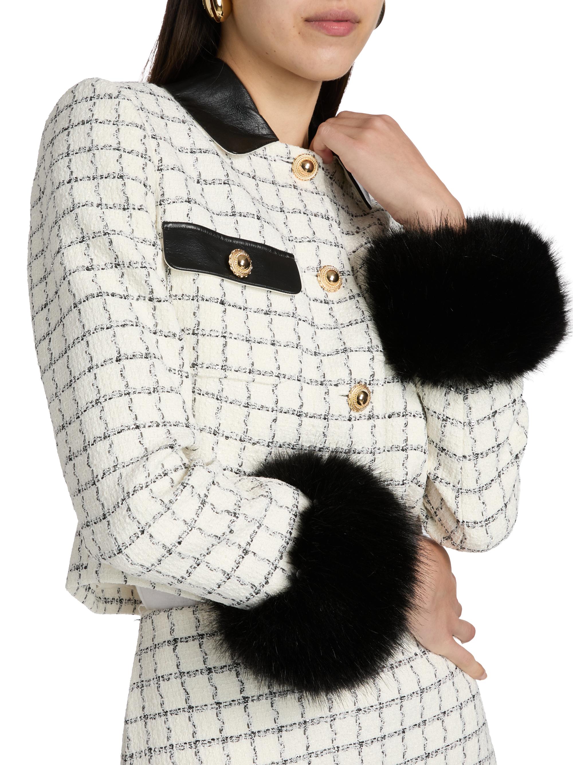 Self-Portrait Check Boucle Faux Fur Cuff Jacket | Saks Fifth Avenue