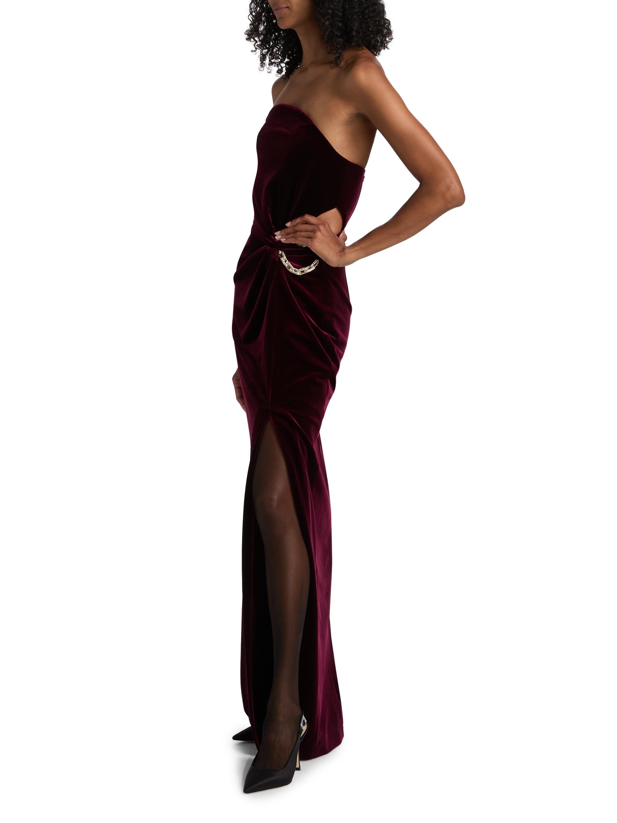 prom dresses in burgundy Illusion Burgundy Velvet Bandeau Maxi Dress With Bow Detail – Club L London main image 0