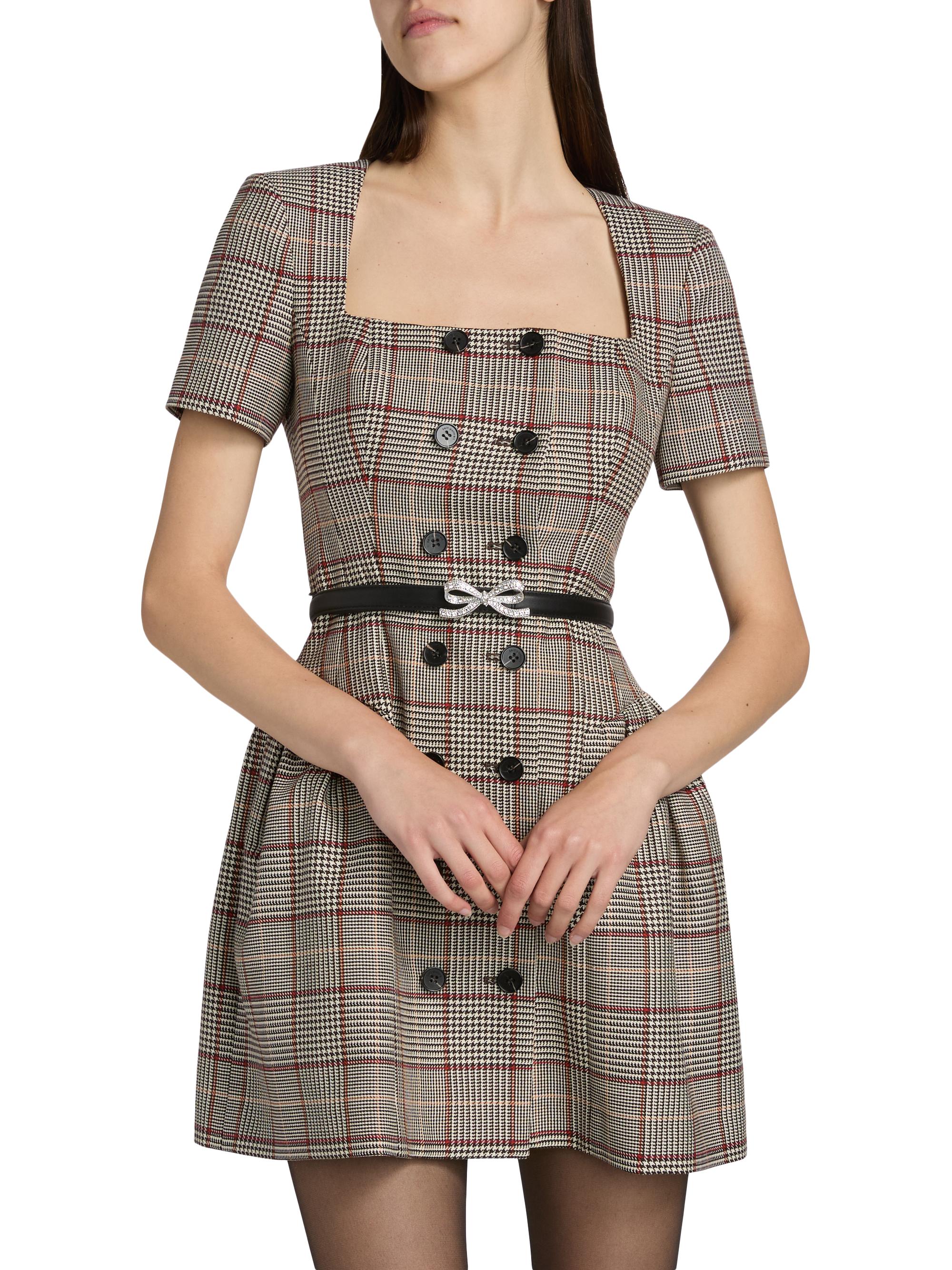 Plaid Wool-Blend Belted Minidress