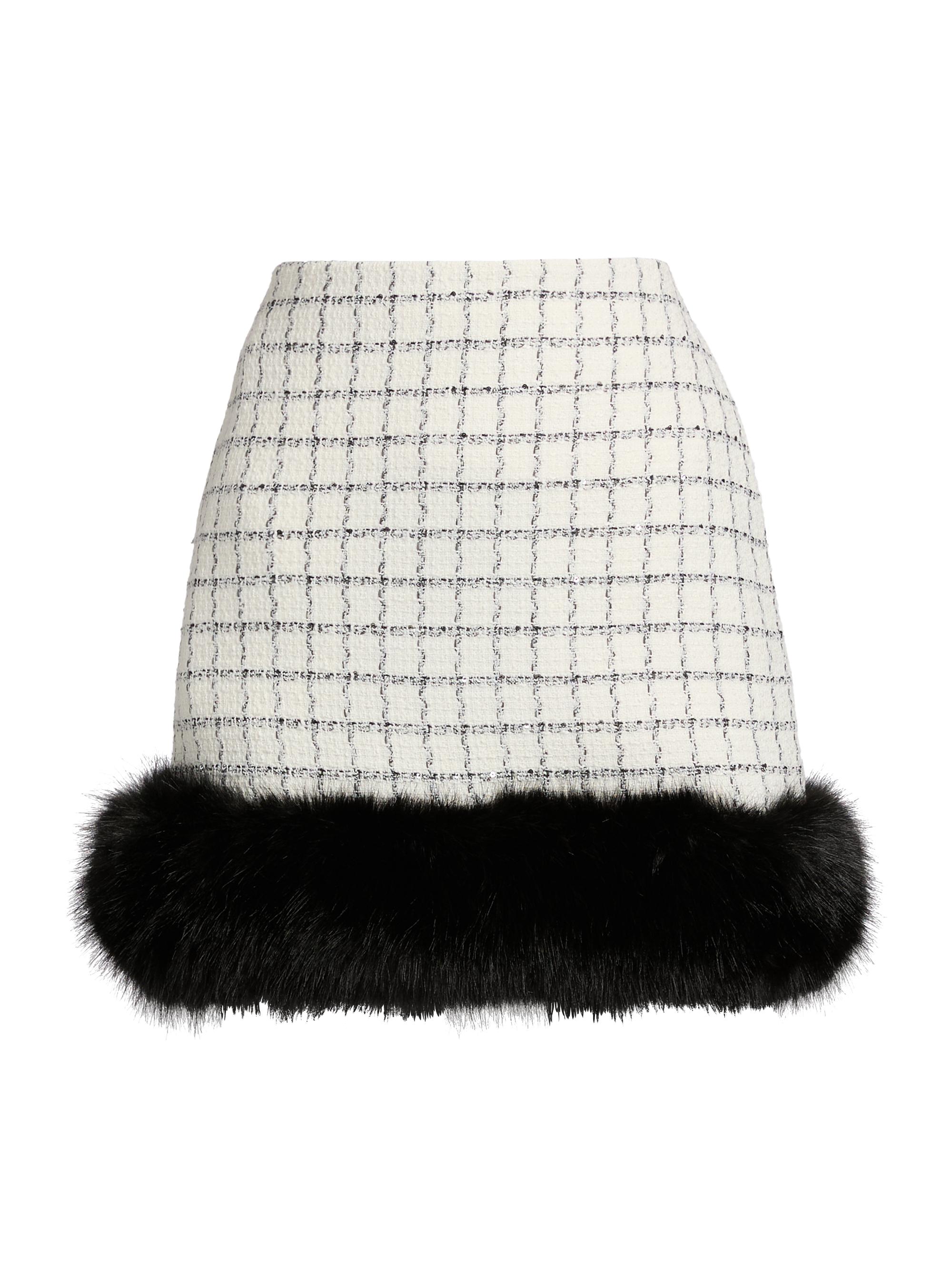 Self-Portrait Women's Check Boucle Faux Fur Hem Miniskirt - Cream