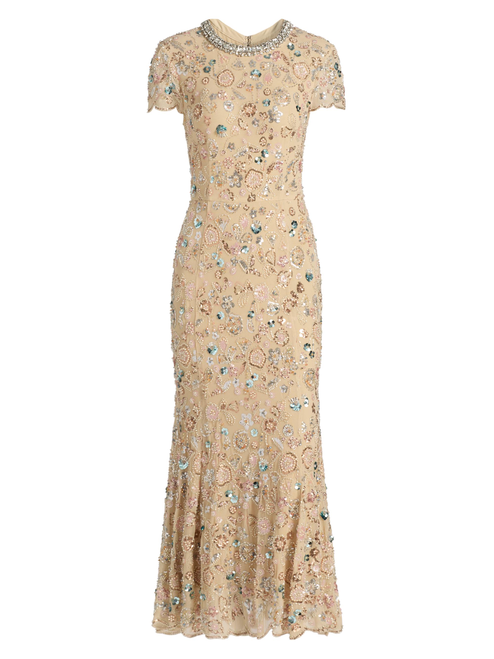 champagne sequin embroidered midi dress Beige Embroidered Long Sleeve V-Neck Midi Dress