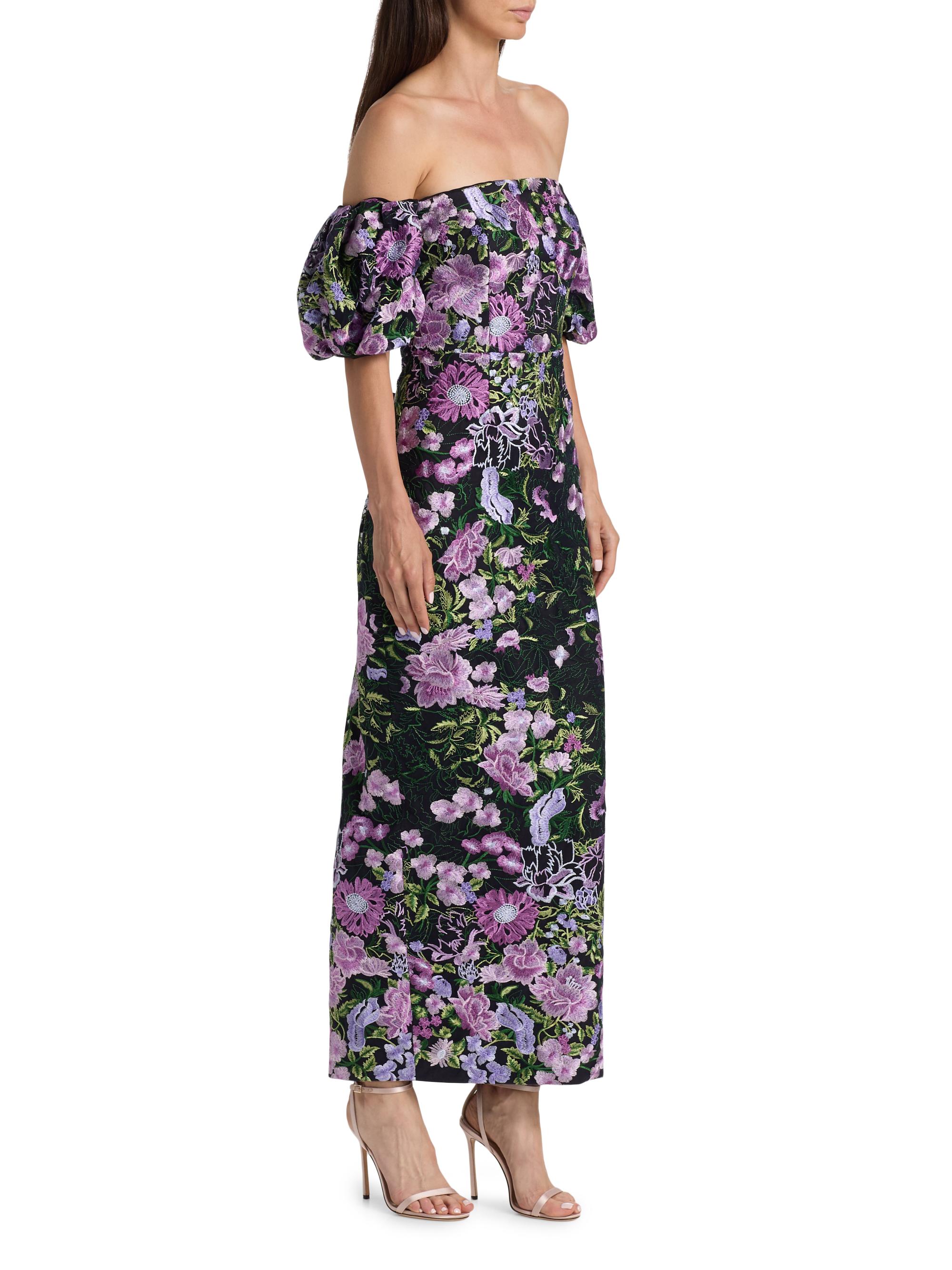 Milly Women's Nene Floral-Embroidered Mesh Off-The-Shoulder Maxi Dress - Purple Multi - Size 6
