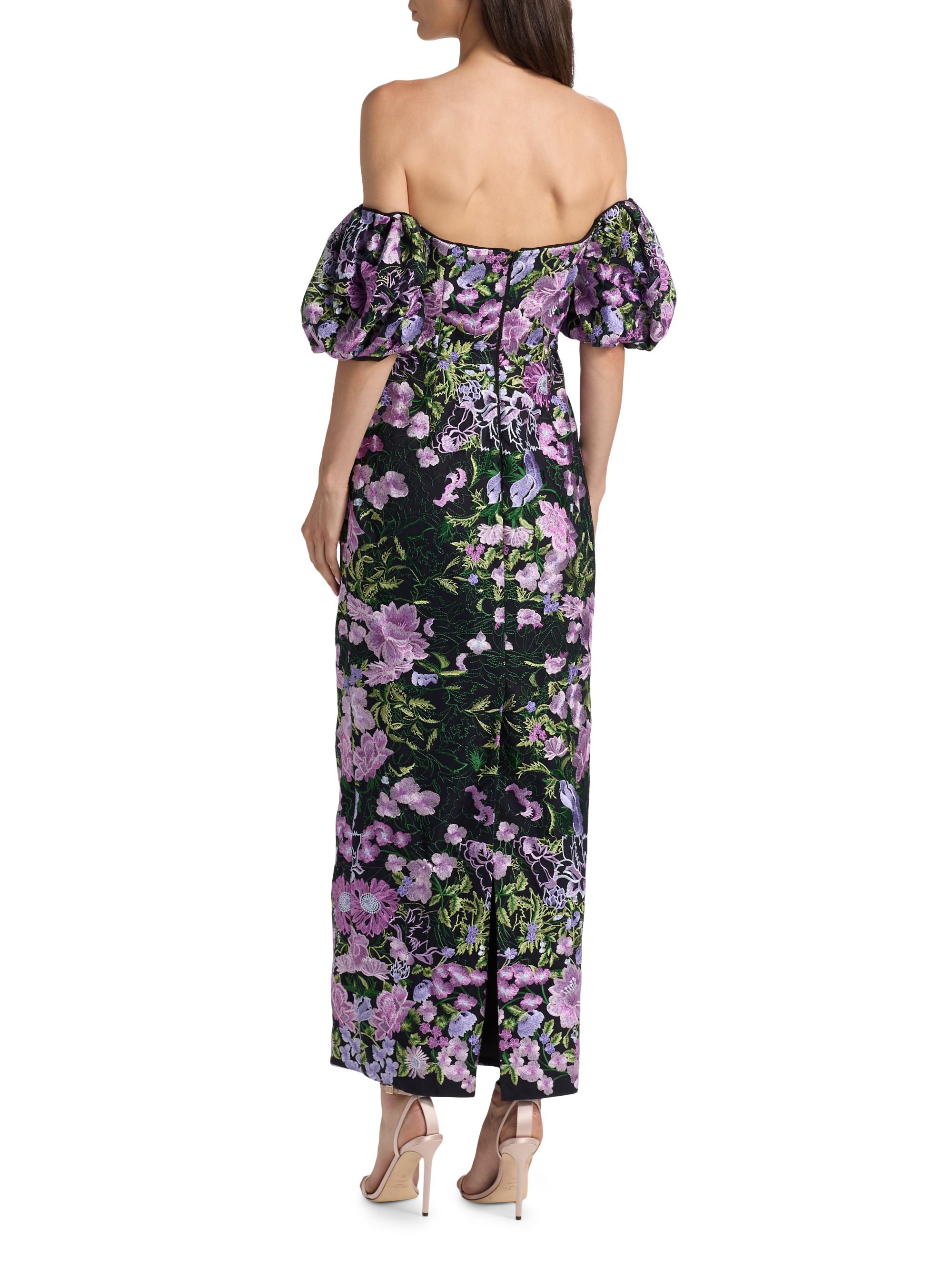 Milly Women's Nene Floral-Embroidered Mesh Off-The-Shoulder Maxi Dress - Purple Multi - Size 6
