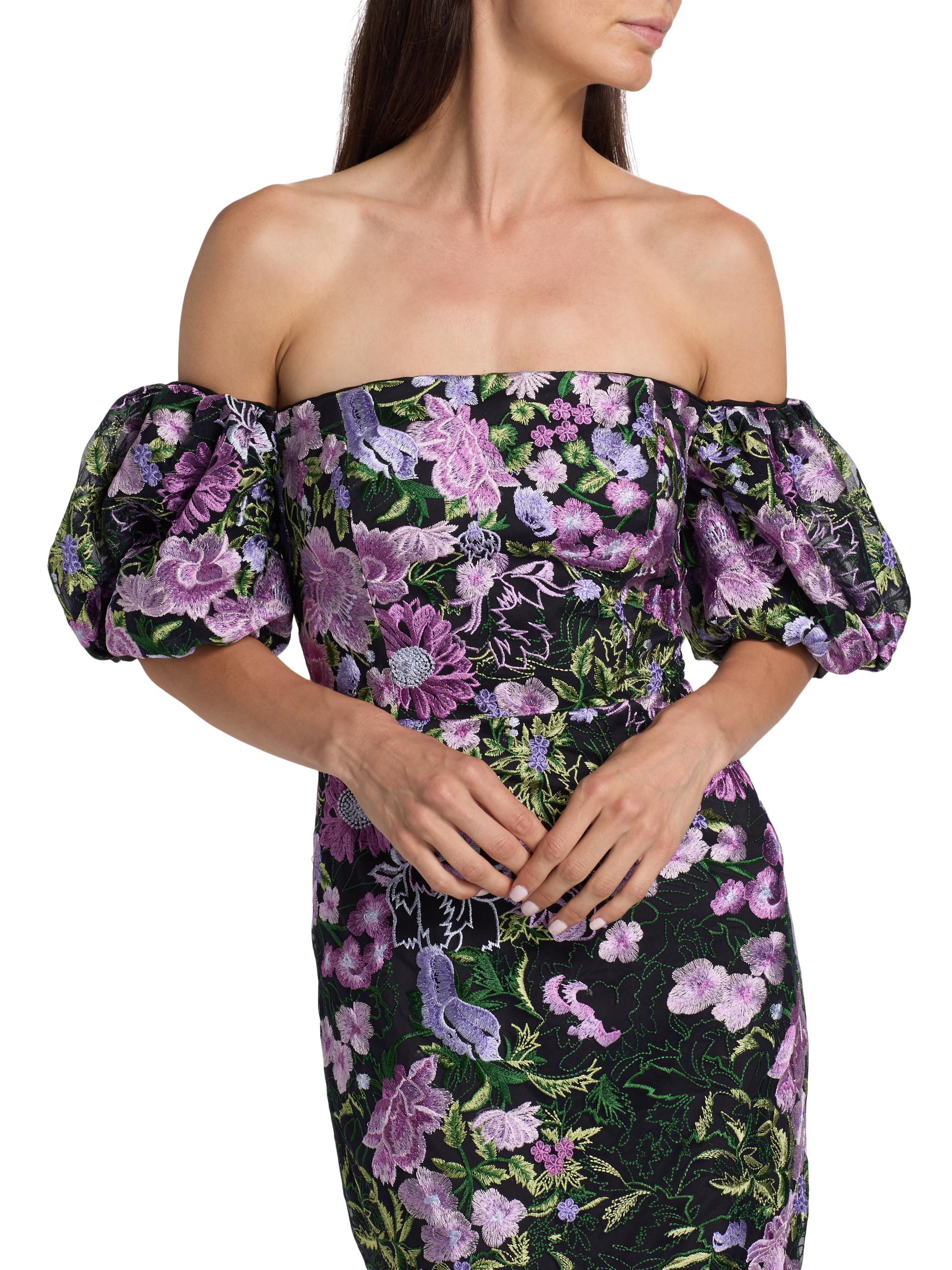 Milly Women's Nene Floral-Embroidered Mesh Off-The-Shoulder Maxi Dress - Purple Multi - Size 6